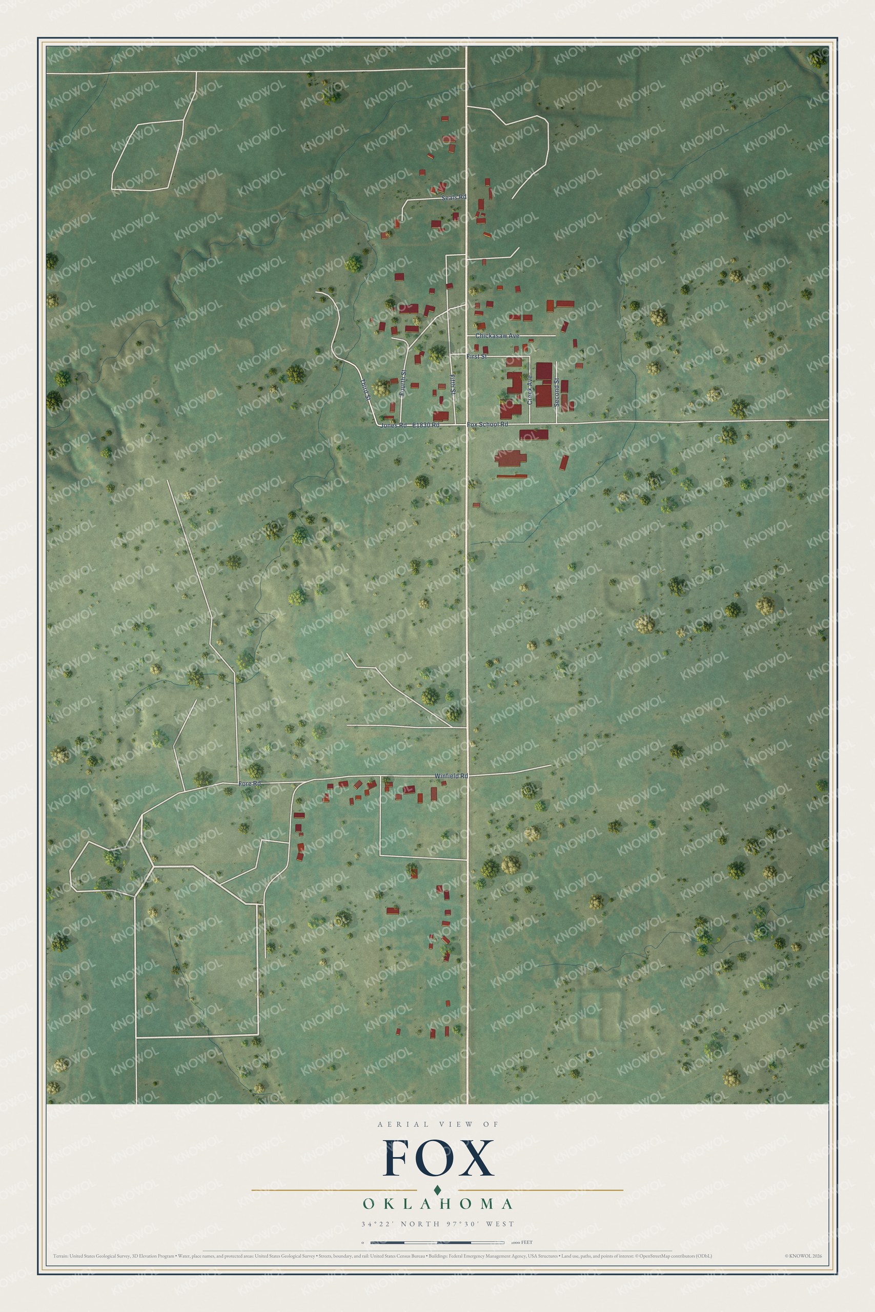 Full map of Fox, Oklahoma, with red buildings, printed street names and the land around them
