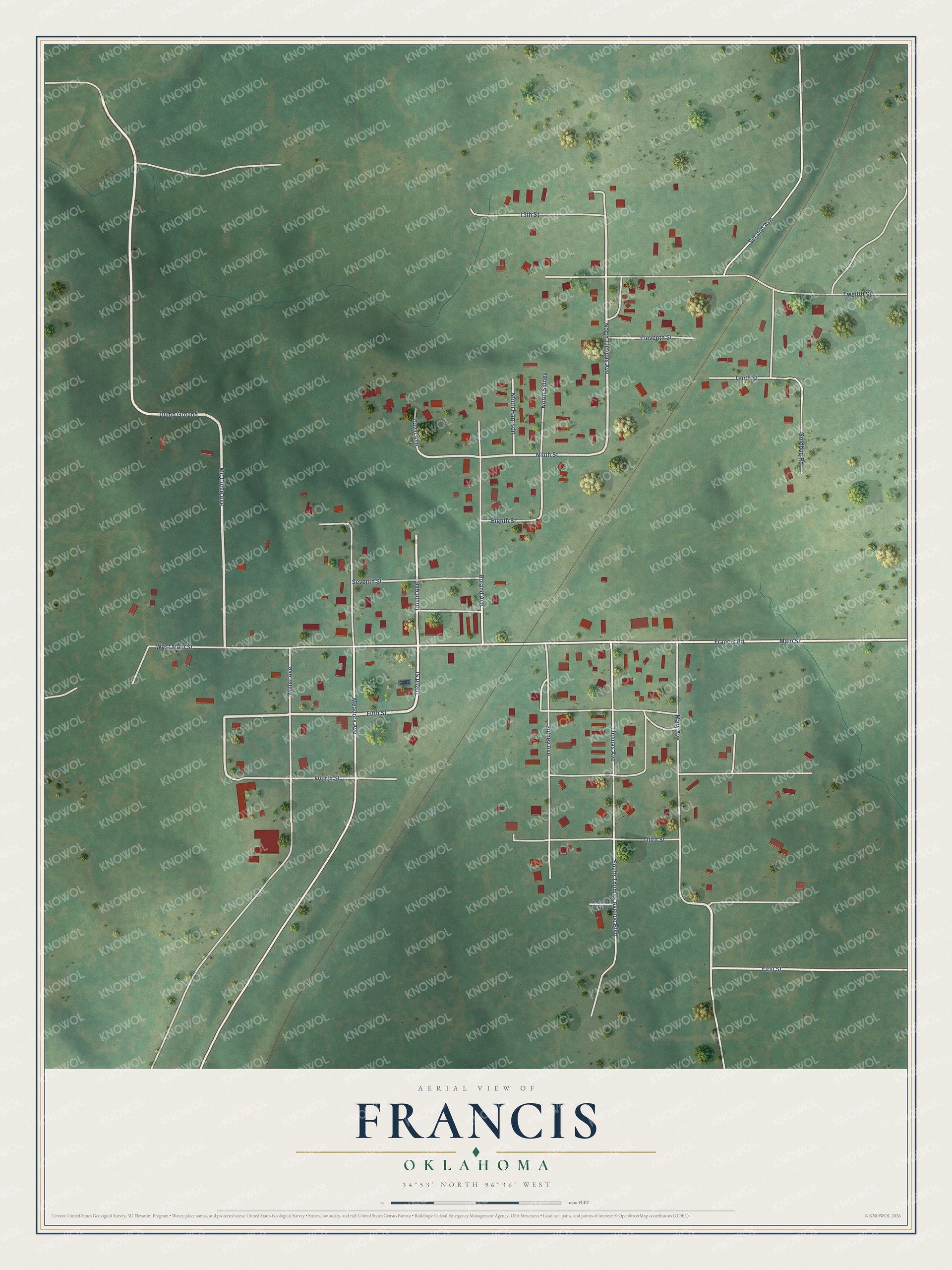 Full map of Francis, Oklahoma, with red buildings, printed street names and the land around them