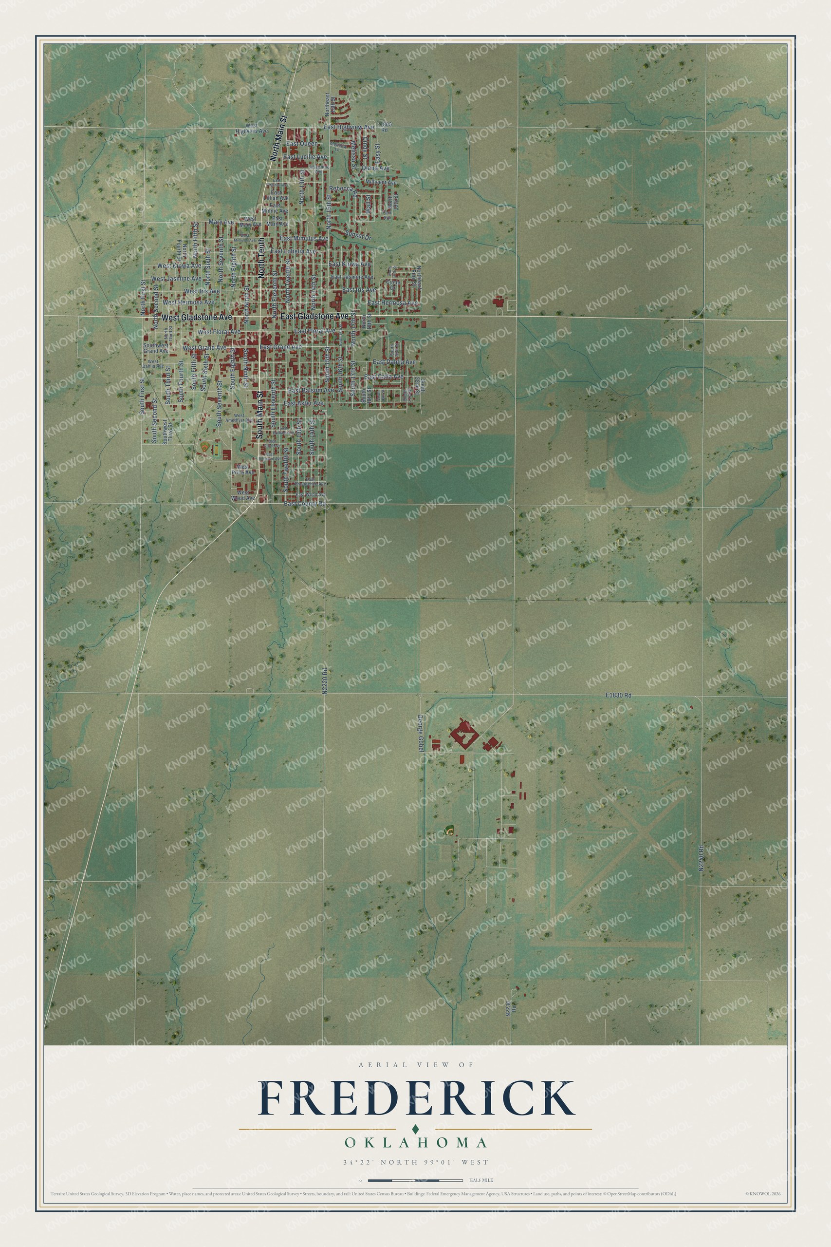 Full map of Frederick, Oklahoma, with red buildings, printed street names and the land around them