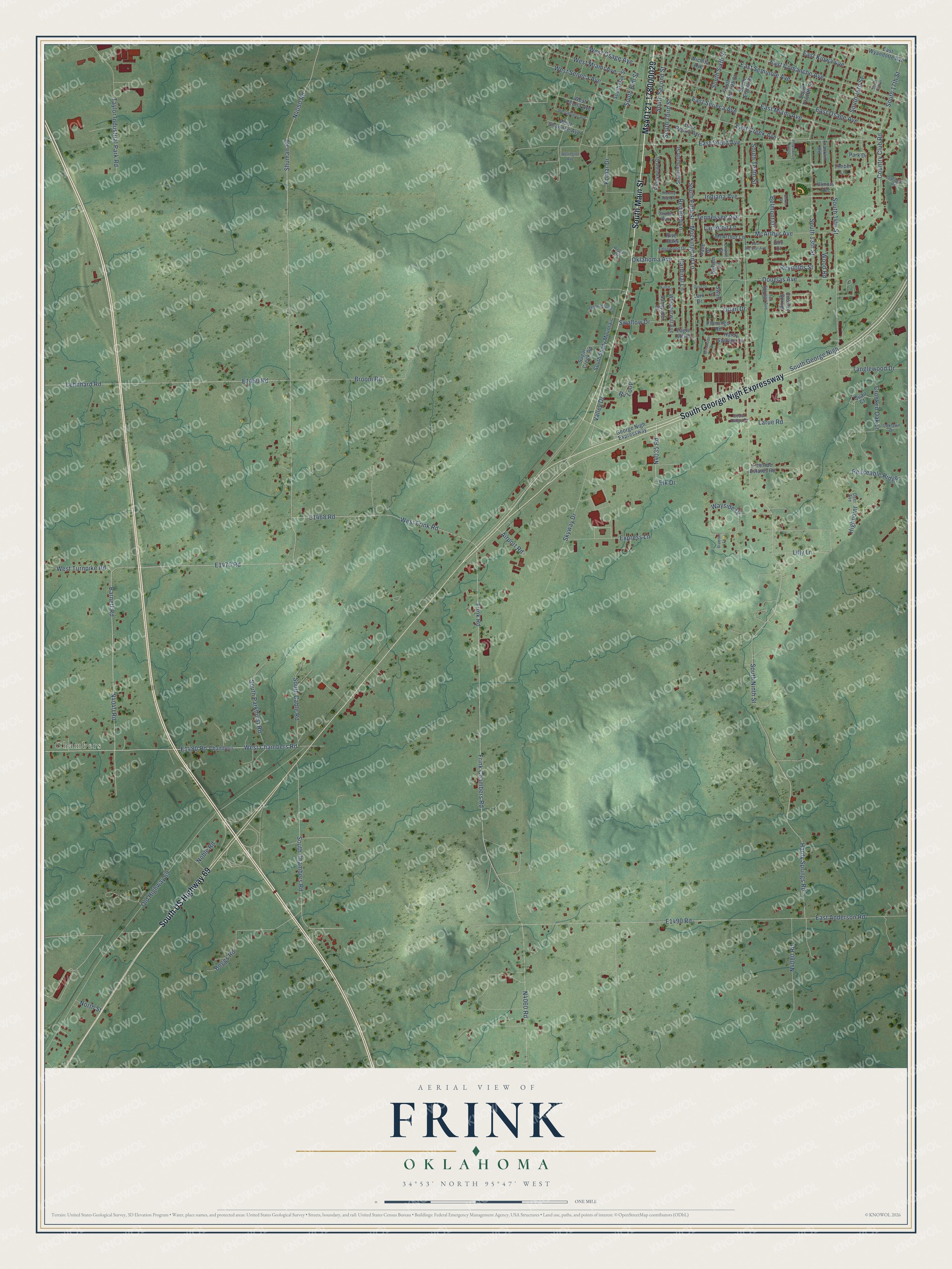 Full map of Frink, Oklahoma, with red buildings, printed street names and the land around them