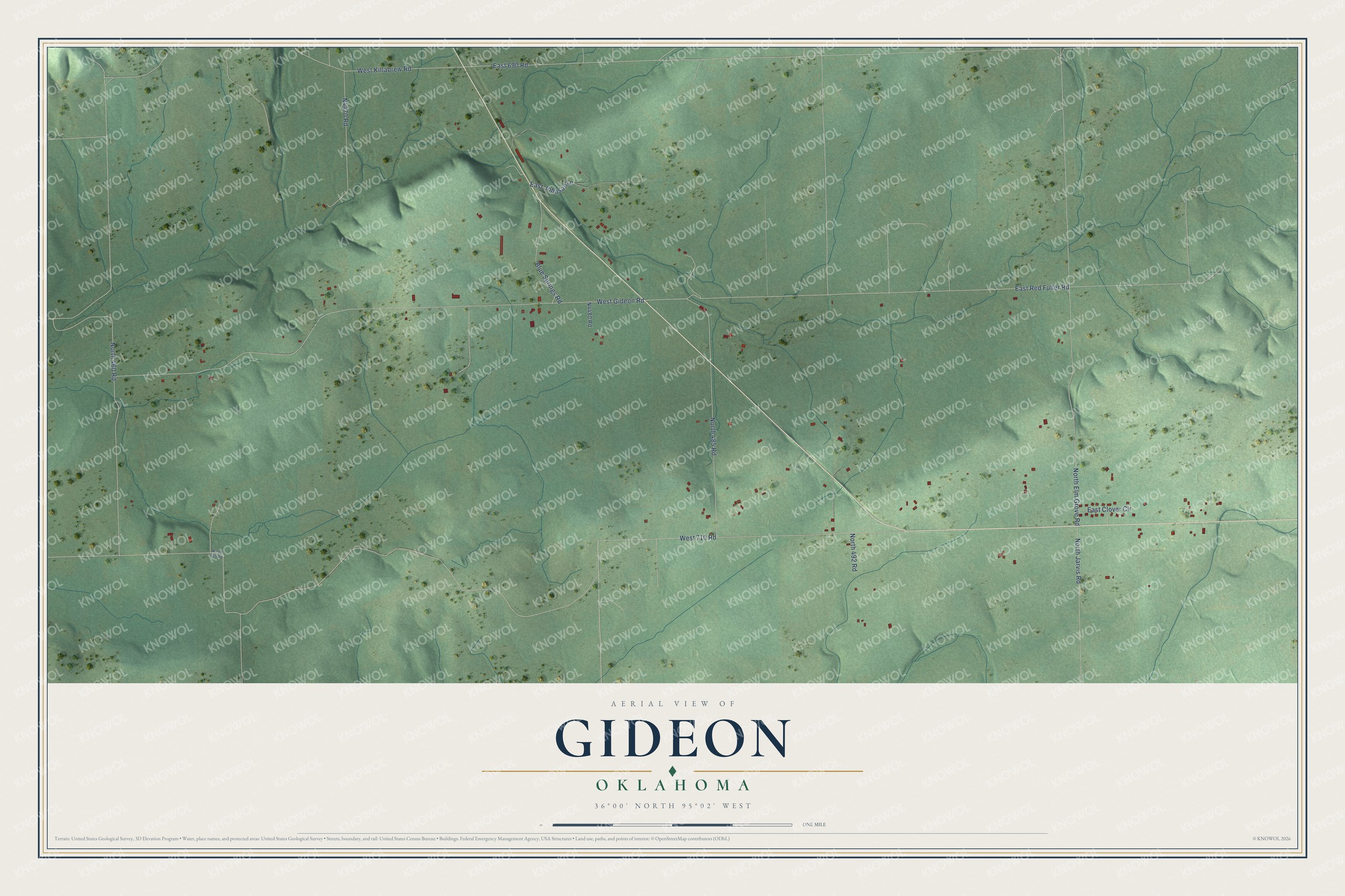 Full map of Gideon, Oklahoma, with red buildings, printed street names and the land around them