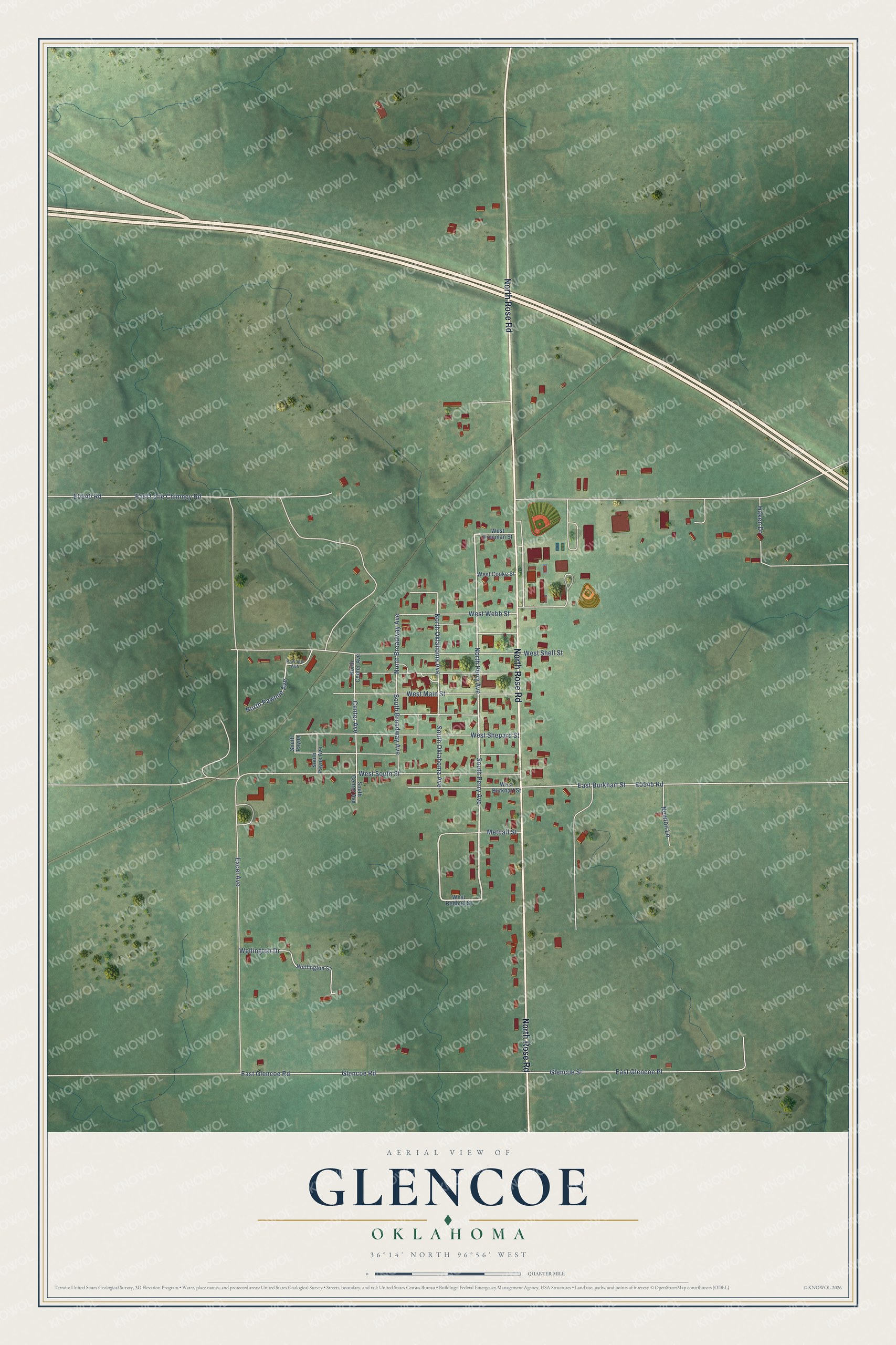 Full map of Glencoe, Oklahoma, with red buildings, printed street names and the land around them