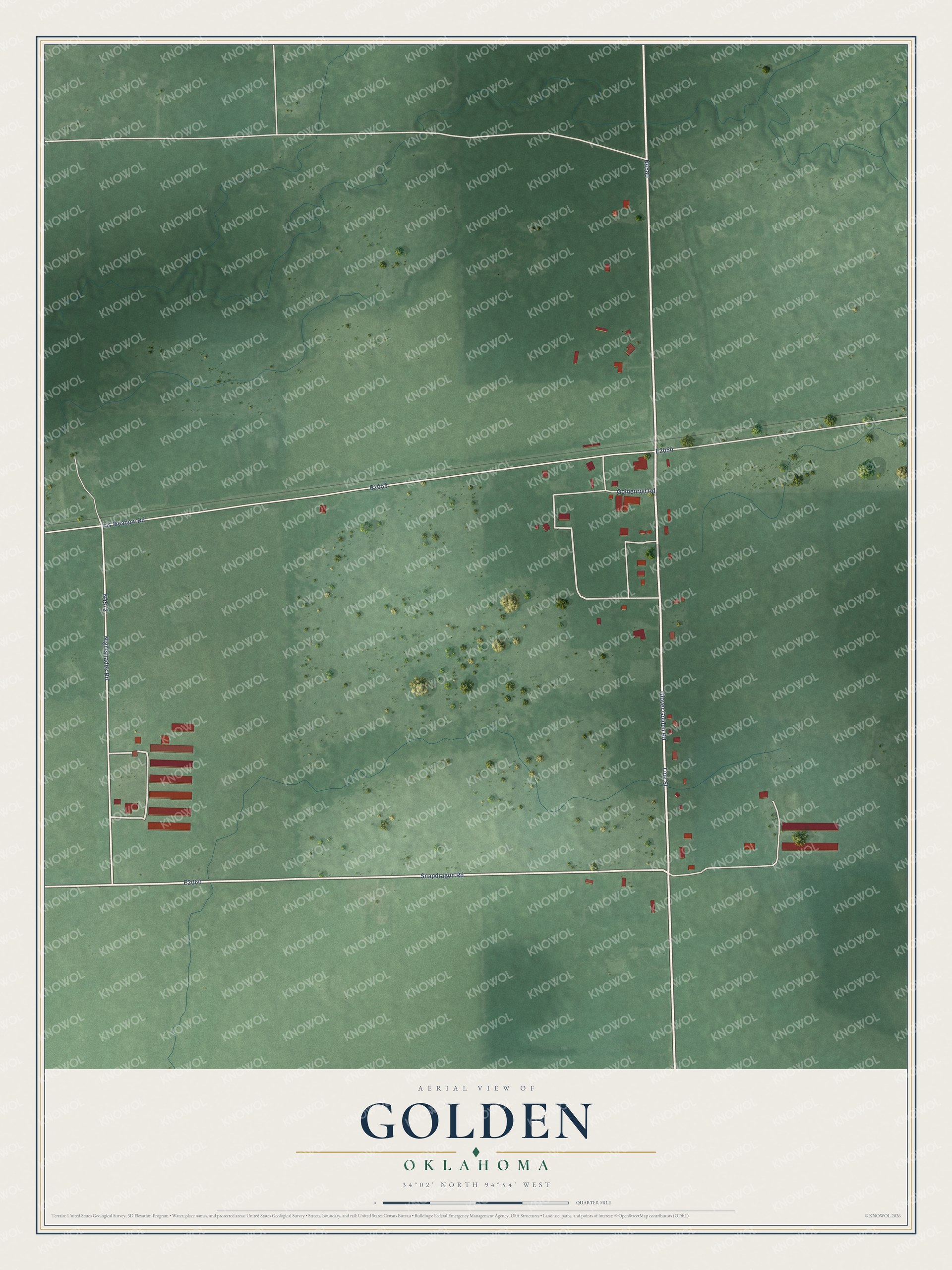 Full map of Golden, Oklahoma, with red buildings, printed street names and the land around them