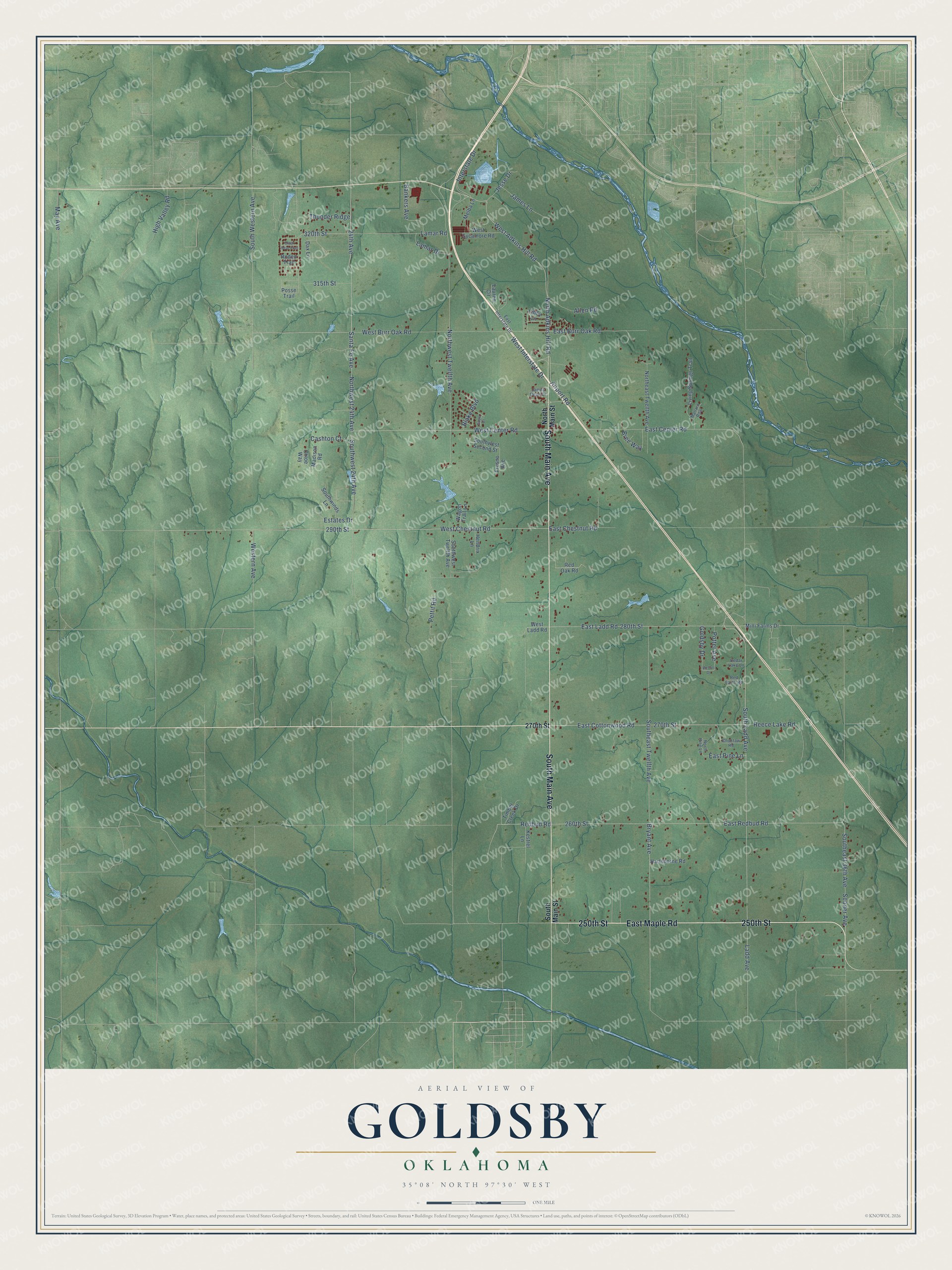Full map of Goldsby, Oklahoma, with red buildings, printed street names and the land around them