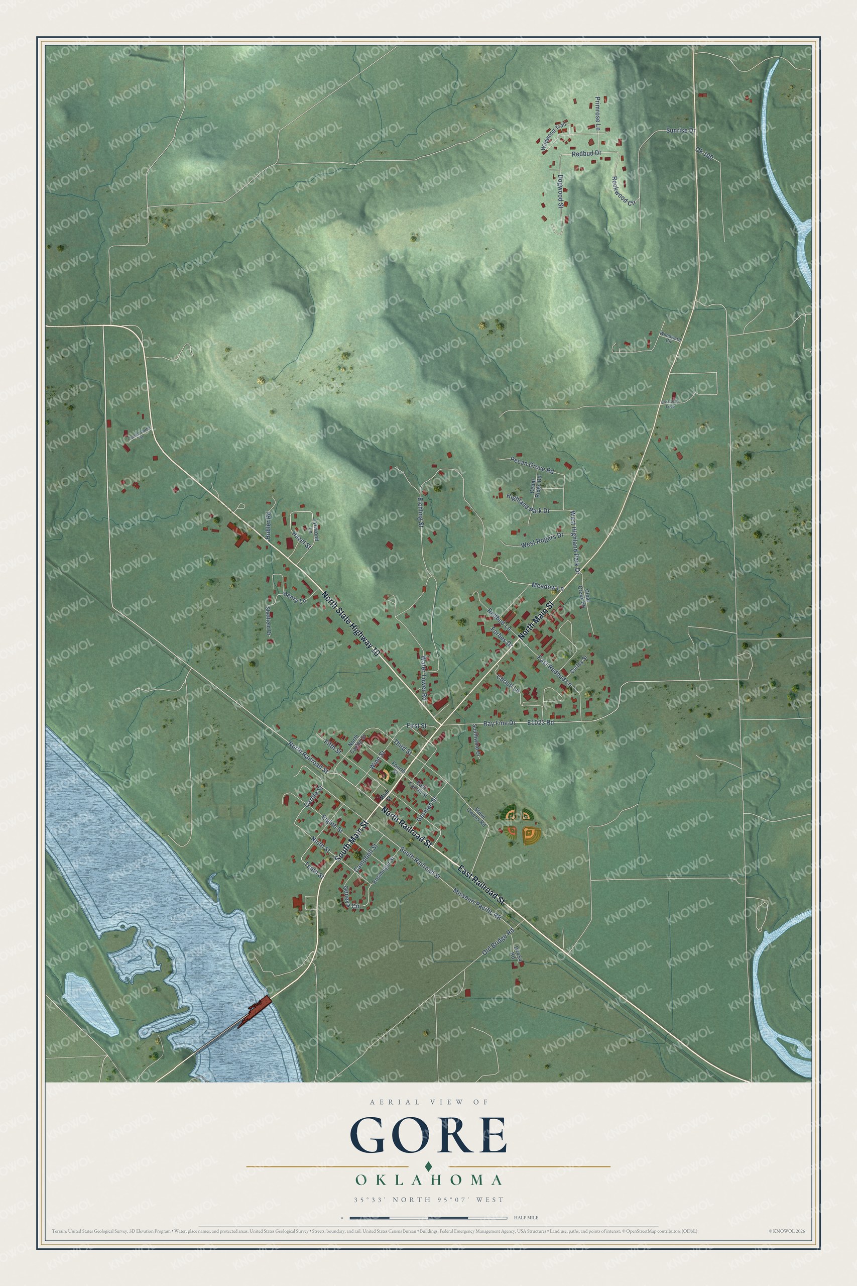 Full map of Gore, Oklahoma, with red buildings, printed street names and the land around them
