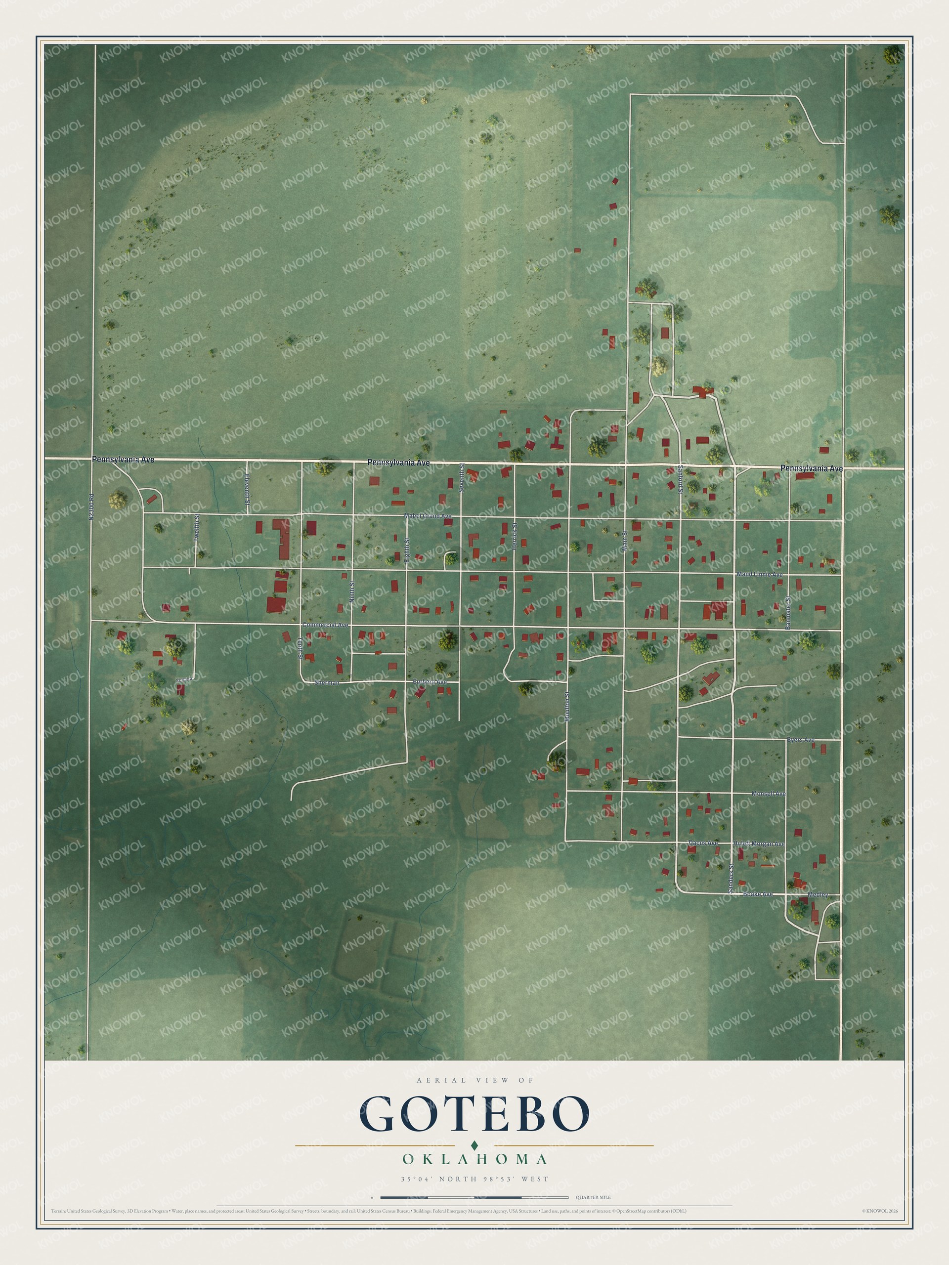 Full map of Gotebo, Oklahoma, with red buildings, printed street names and the land around them