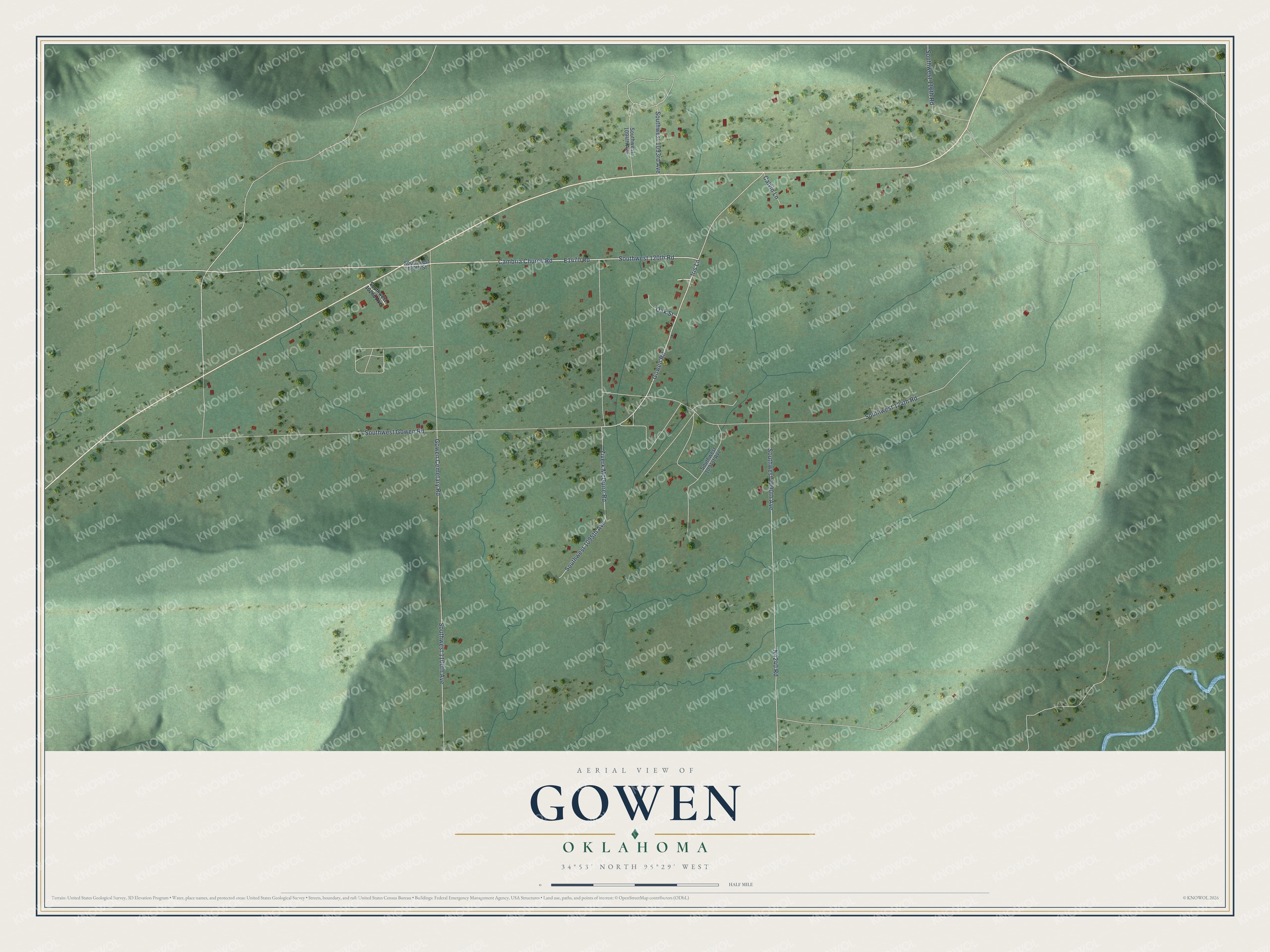 Full map of Gowen, Oklahoma, with red buildings, printed street names and the land around them