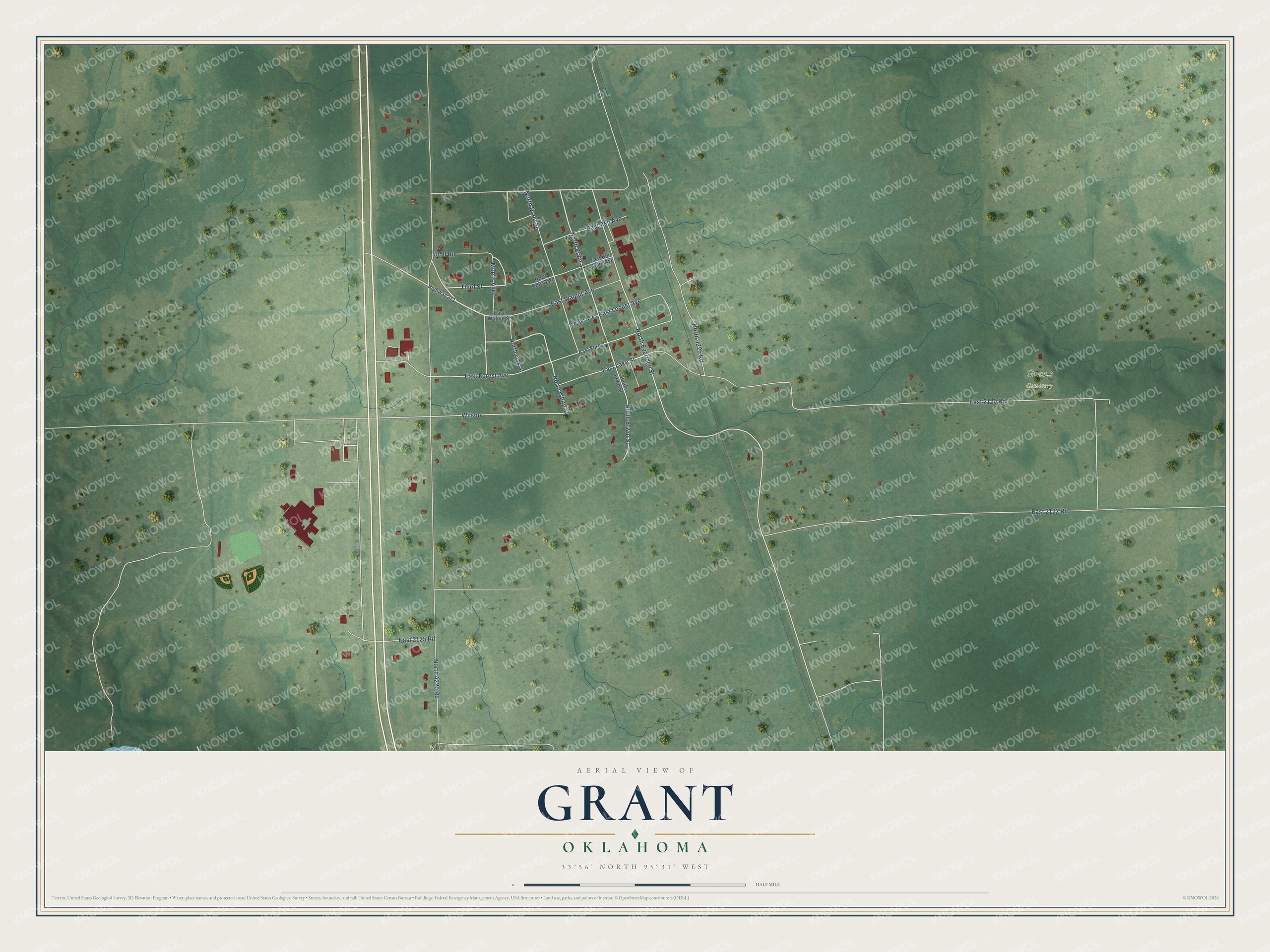 Full map of Grant, Oklahoma, with red buildings, printed street names and the land around them