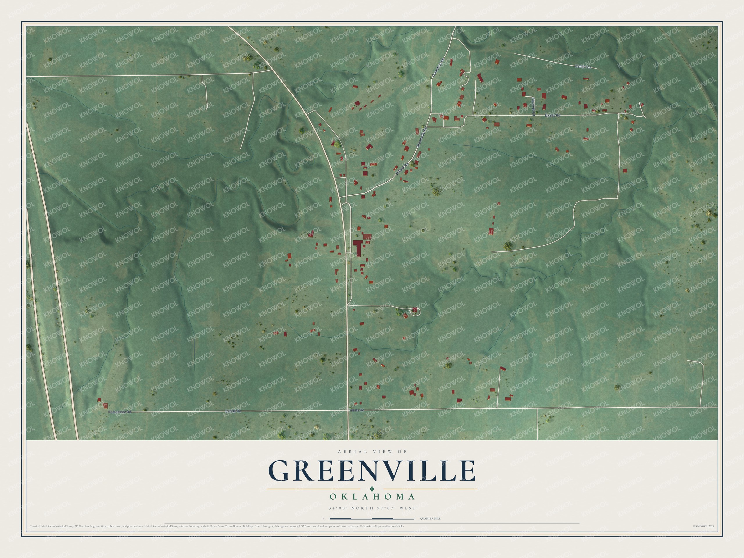 Full map of Greenville, Oklahoma, with red buildings, printed street names and the land around them