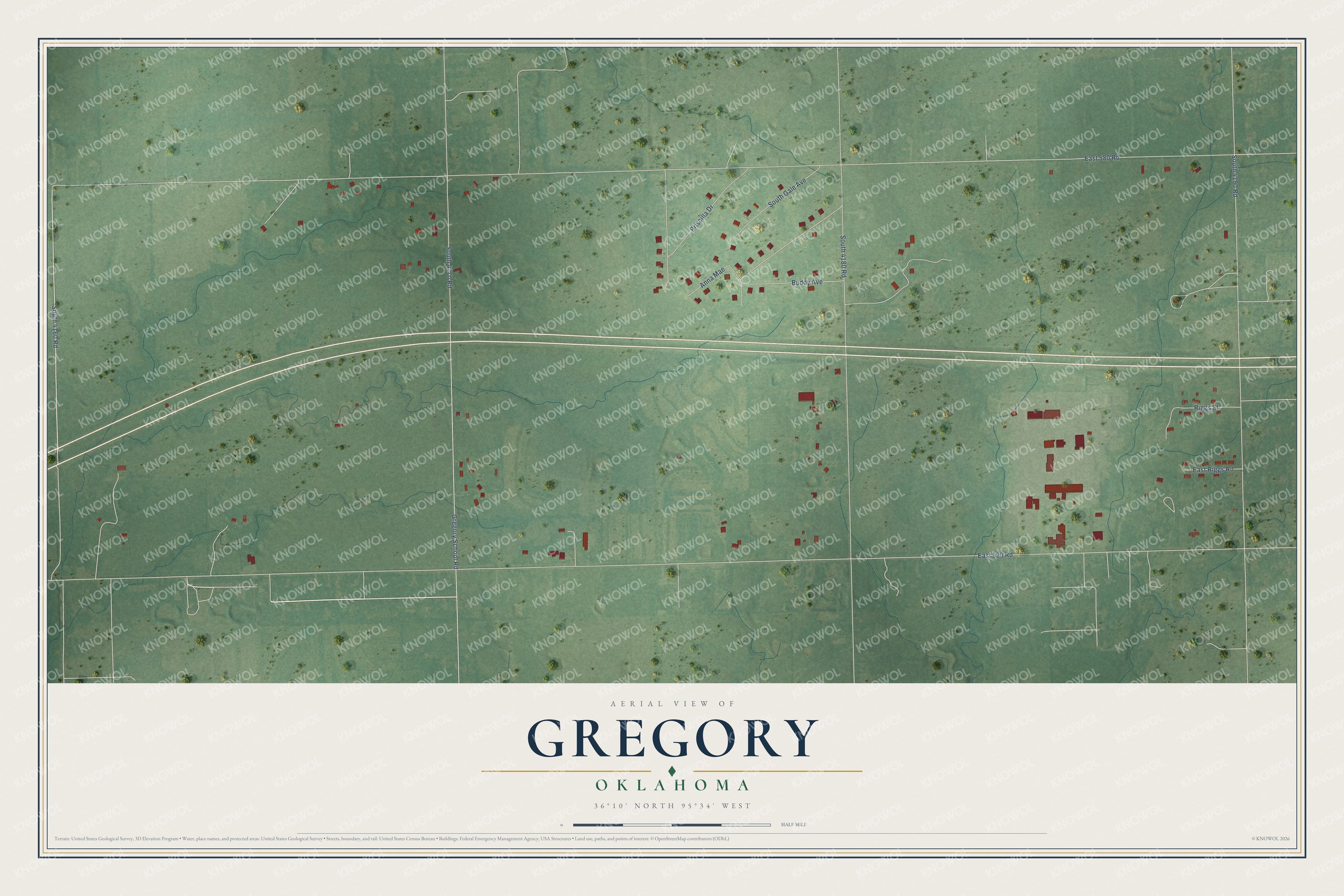 Watermarked full-map preview of Gregory, Oklahoma