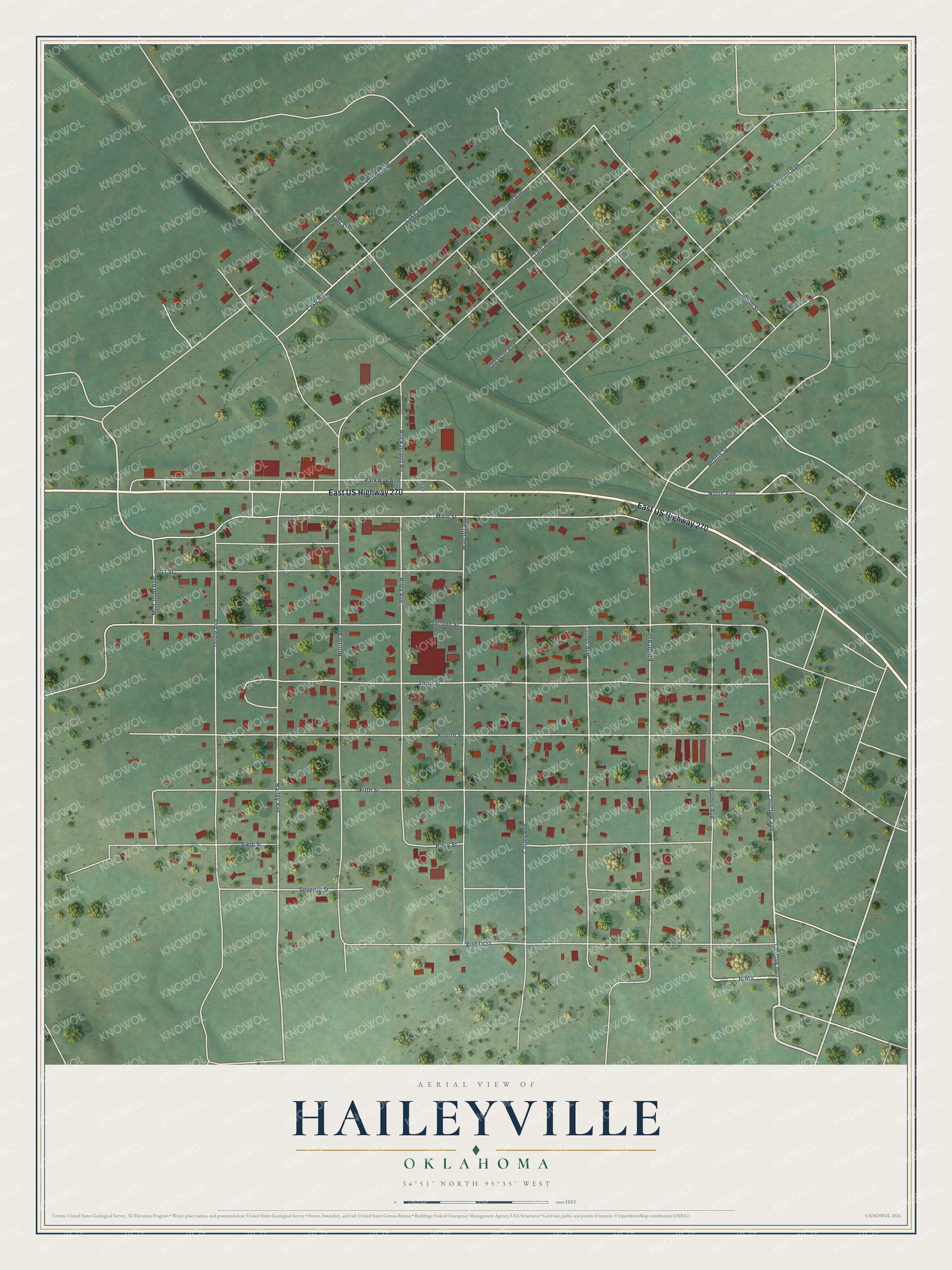 Full map of Haileyville, Oklahoma, with red buildings, printed street names and the land around them