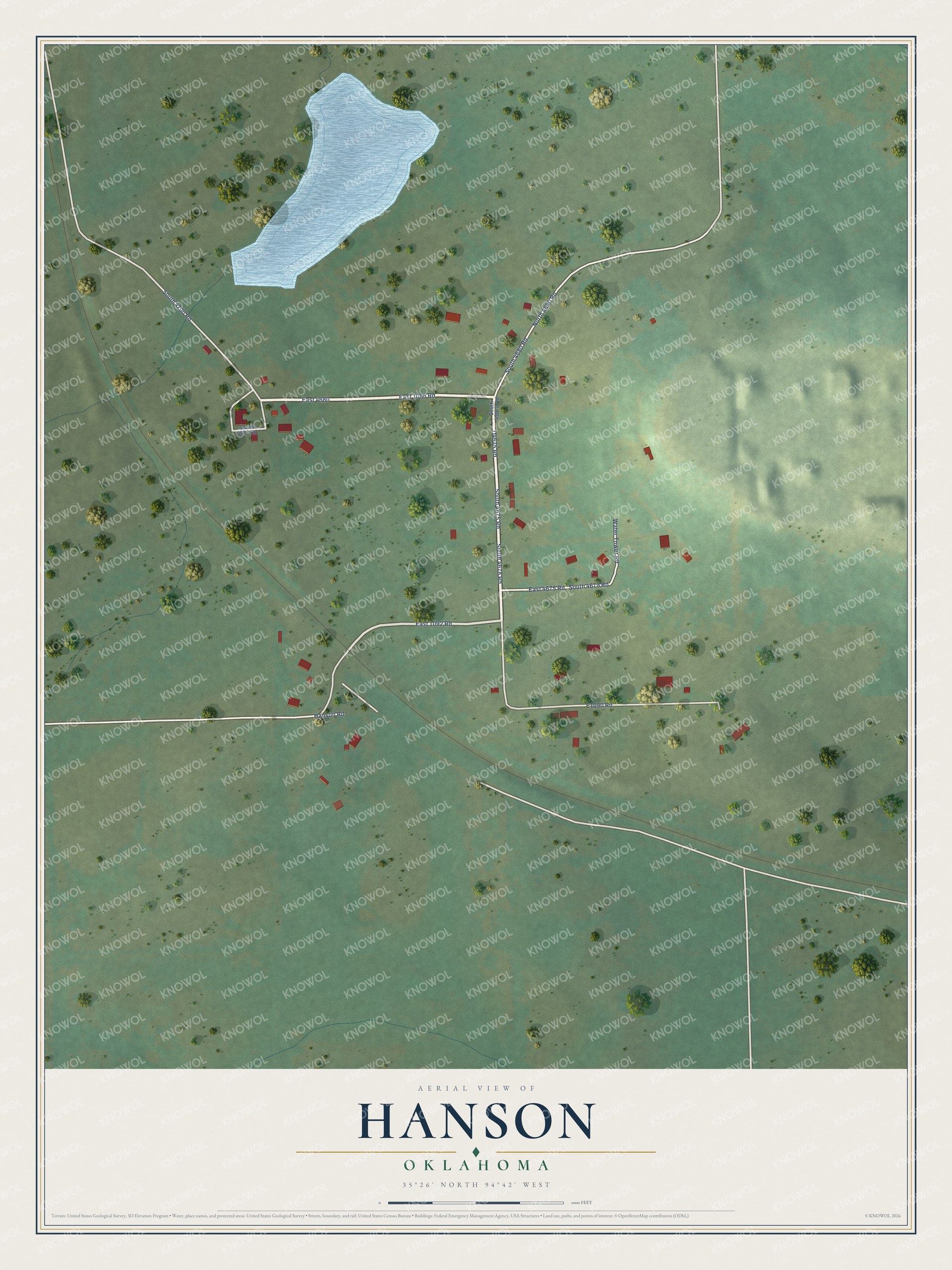 Full map of Hanson, Oklahoma, with red buildings, printed street names and the land around them