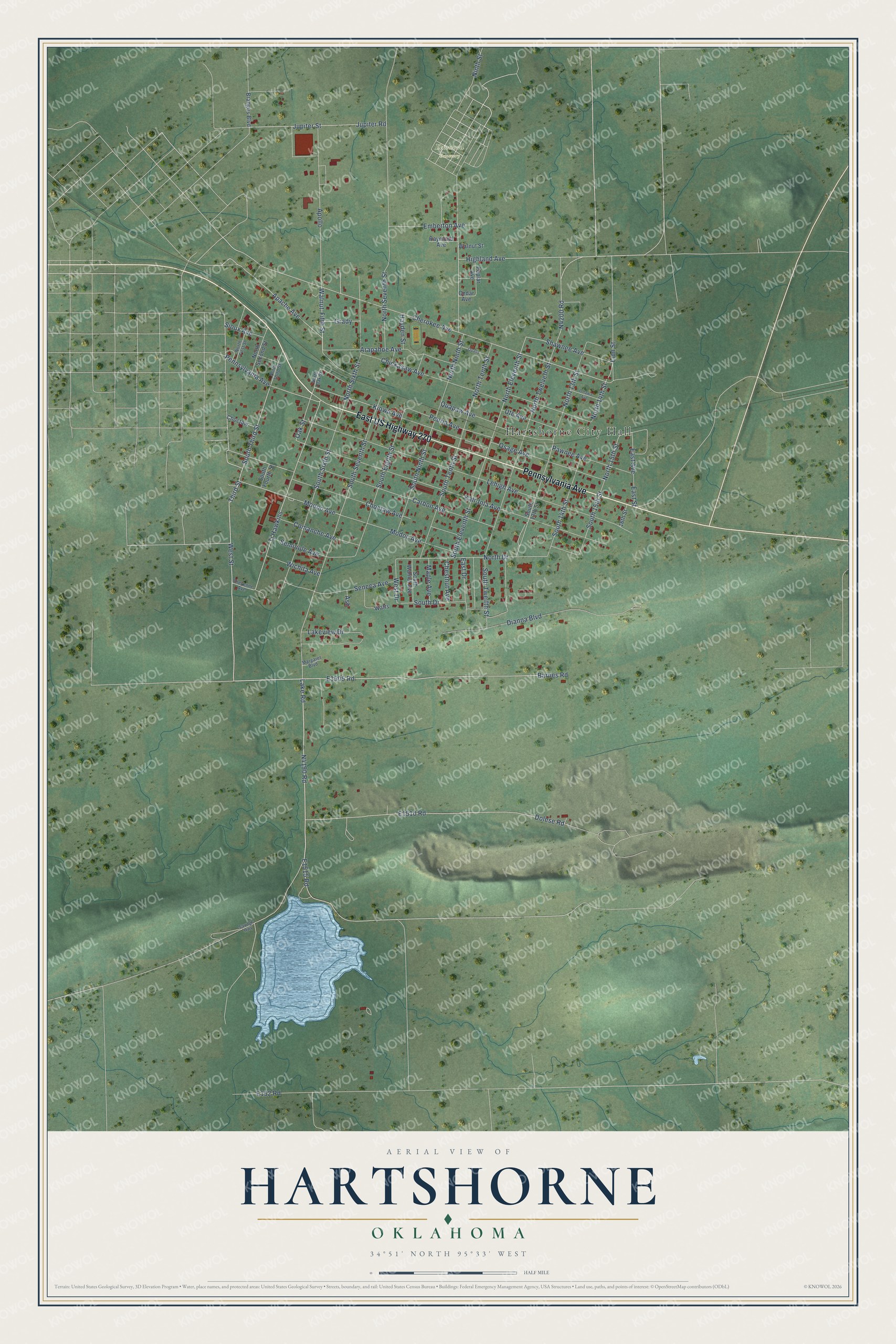 Full map of Hartshorne, Oklahoma, with red buildings, printed street names and the land around them