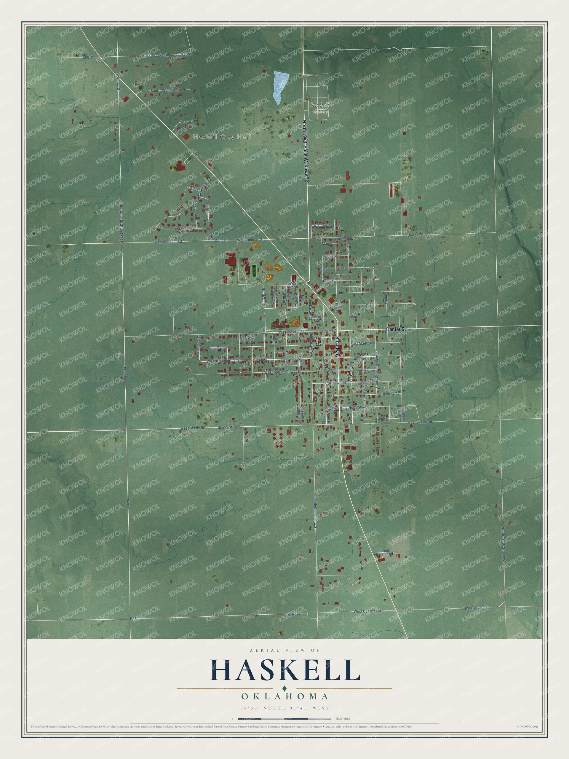 Full map of Haskell, Oklahoma, with red buildings, printed street names and the land around them