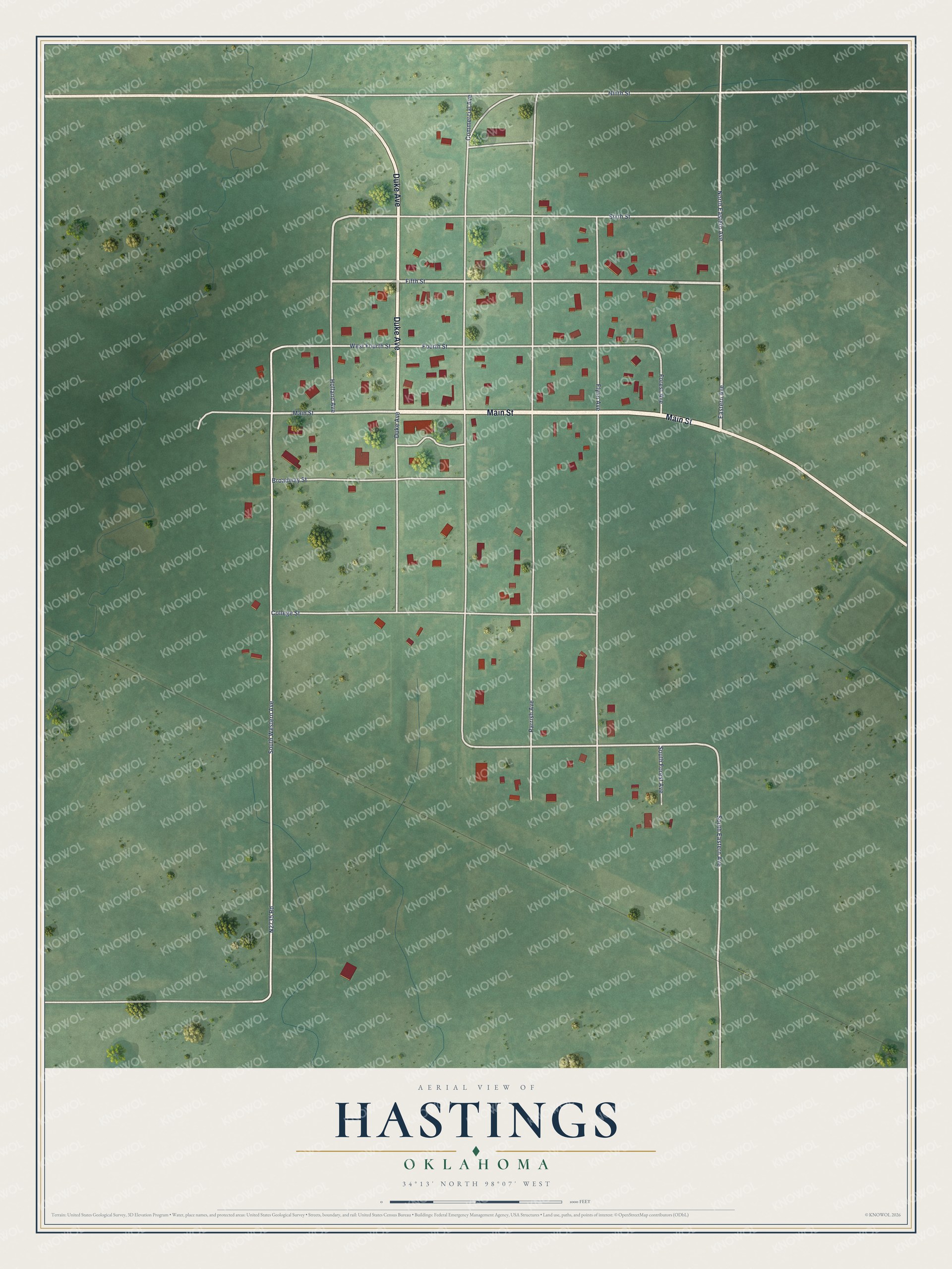 Full map of Hastings, Oklahoma, with red buildings, printed street names and the land around them