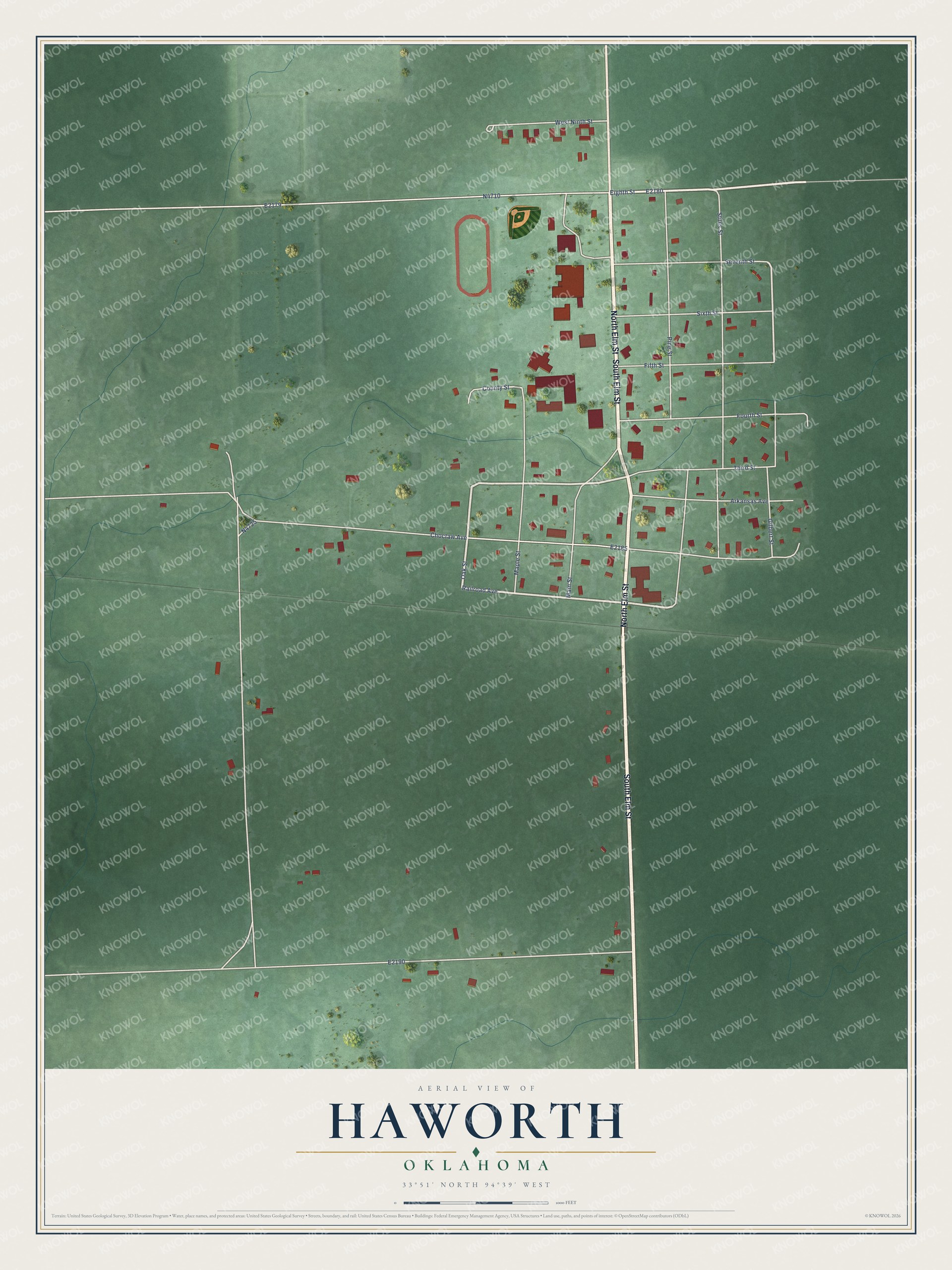 Full map of Haworth, Oklahoma, with red buildings, printed street names and the land around them