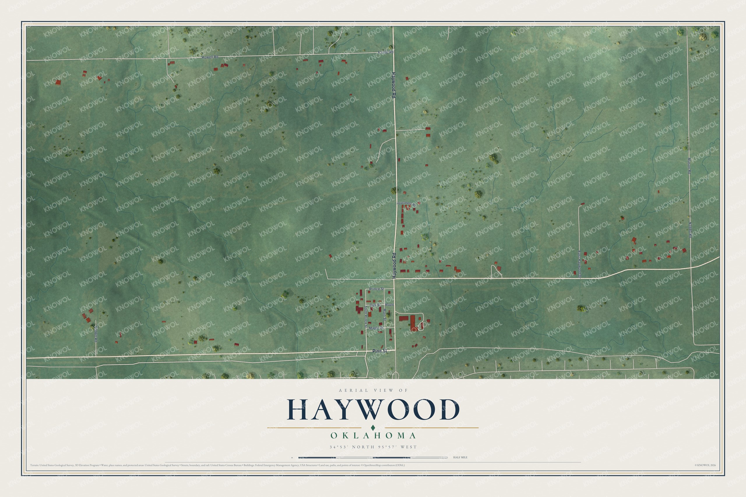 Full map of Haywood, Oklahoma, with red buildings, printed street names and the land around them