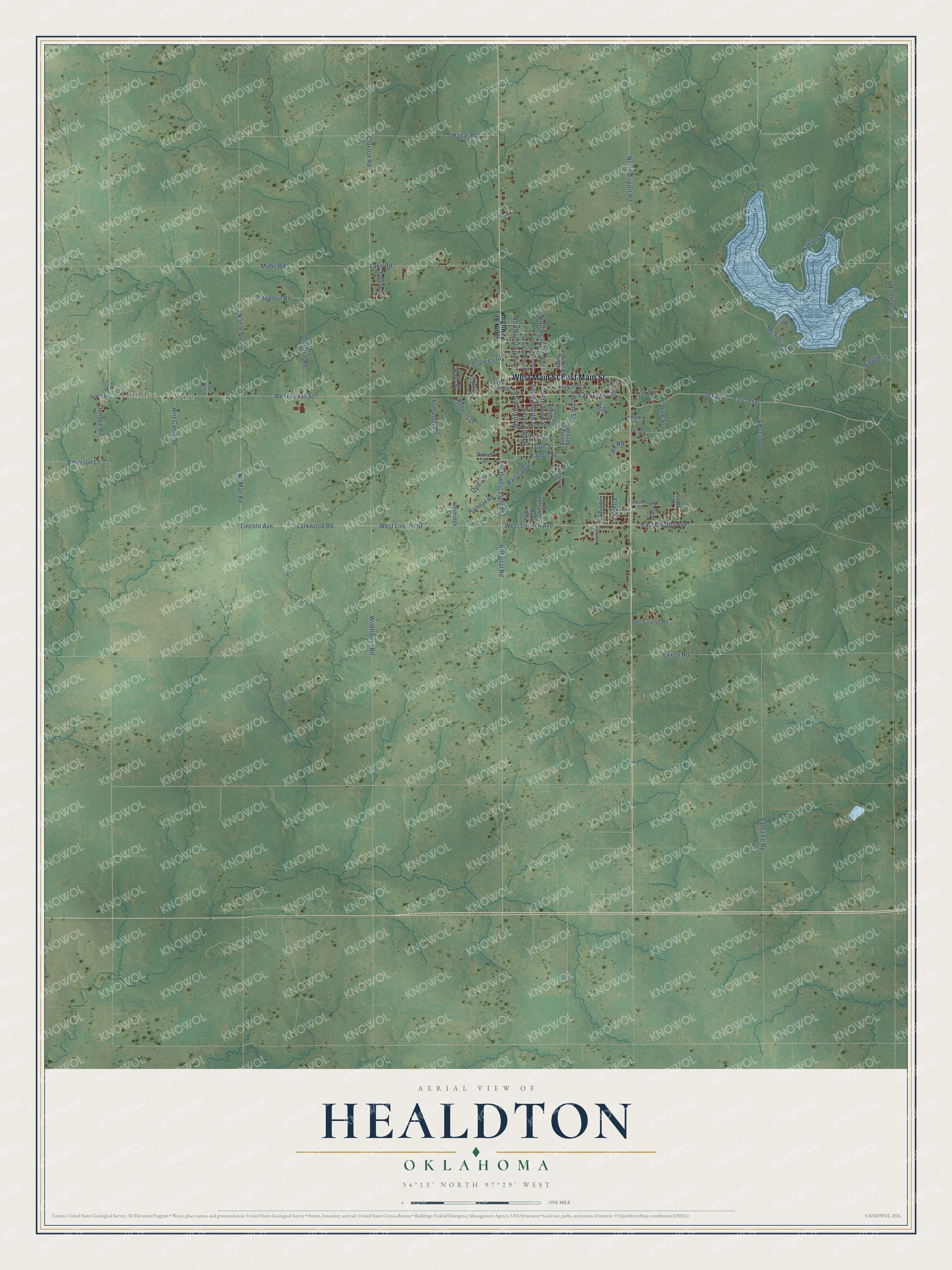 Full map of Healdton, Oklahoma, with red buildings, printed street names and the land around them