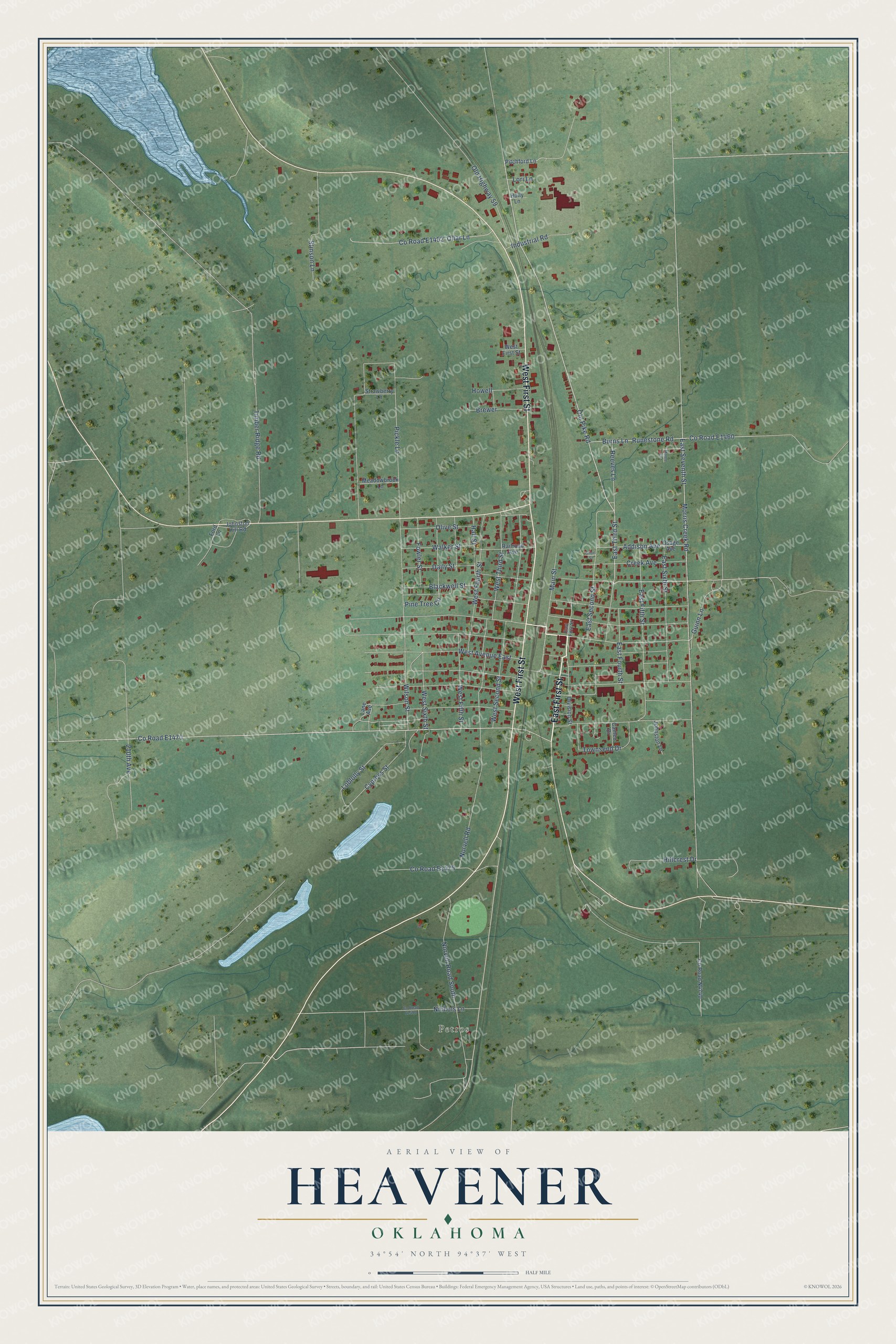 Full map of Heavener, Oklahoma, with red buildings, printed street names and the land around them