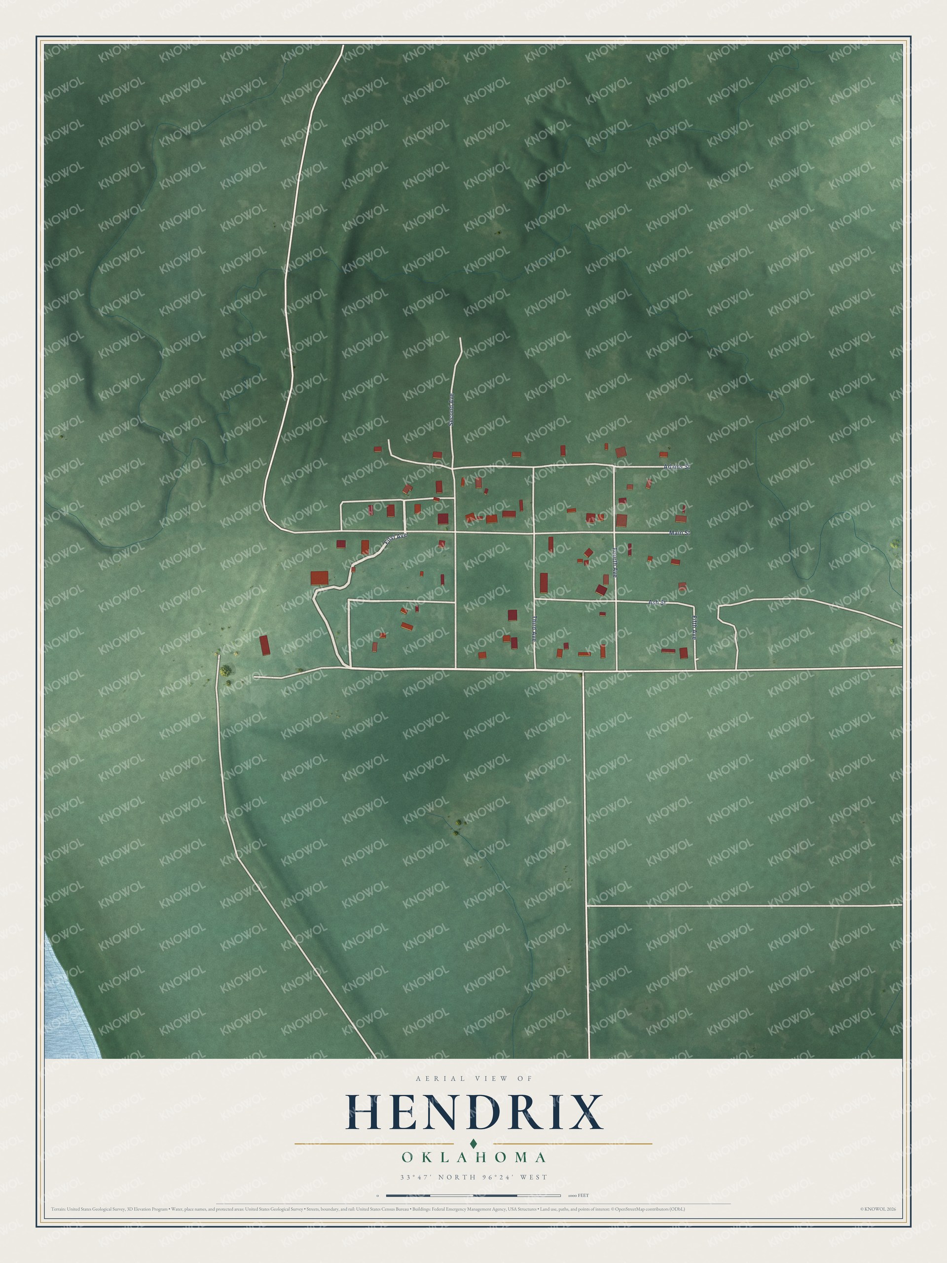 Full map of Hendrix, Oklahoma, with red buildings, printed street names and the land around them