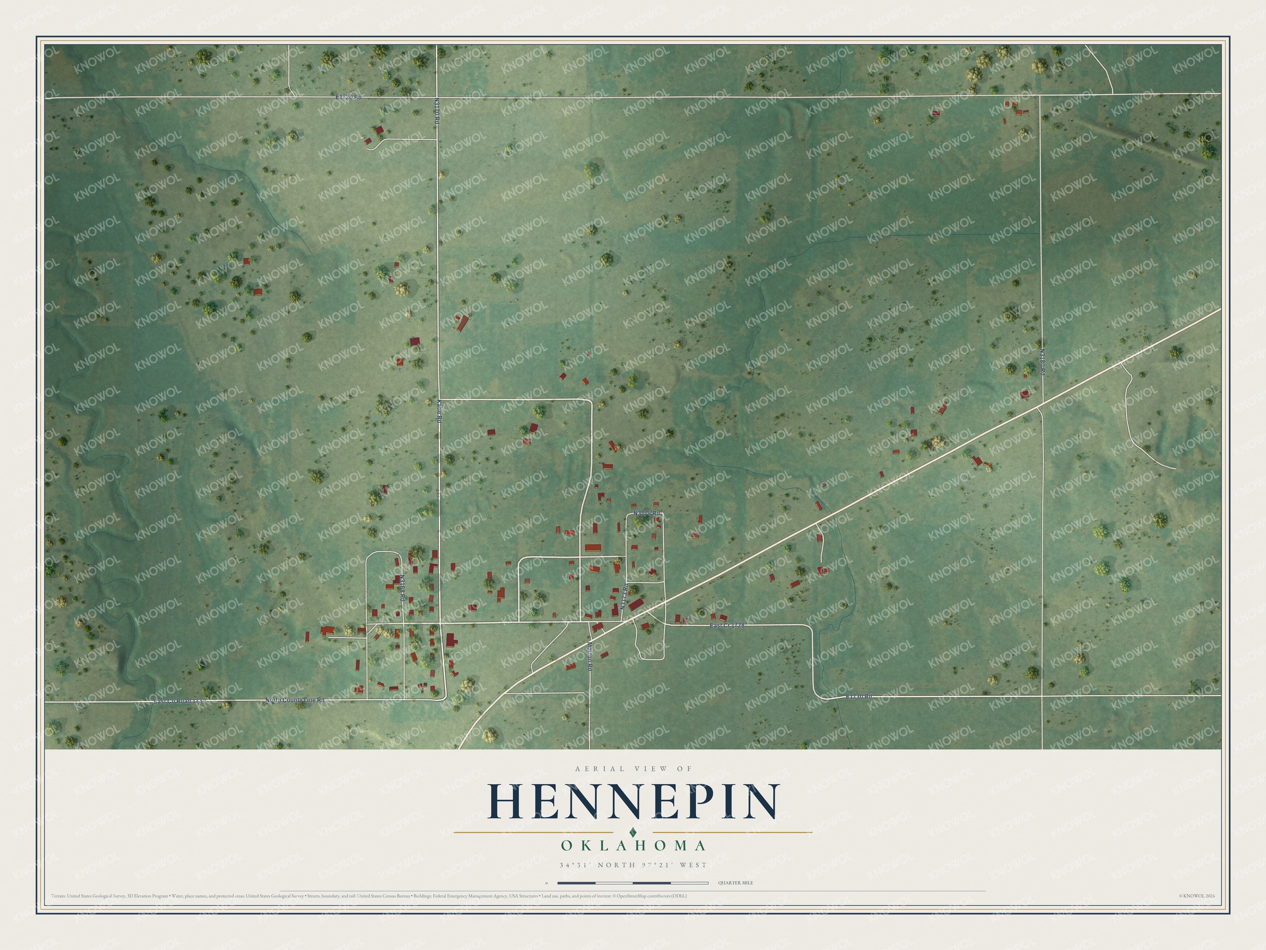 Full map of Hennepin, Oklahoma, with red buildings, printed street names and the land around them