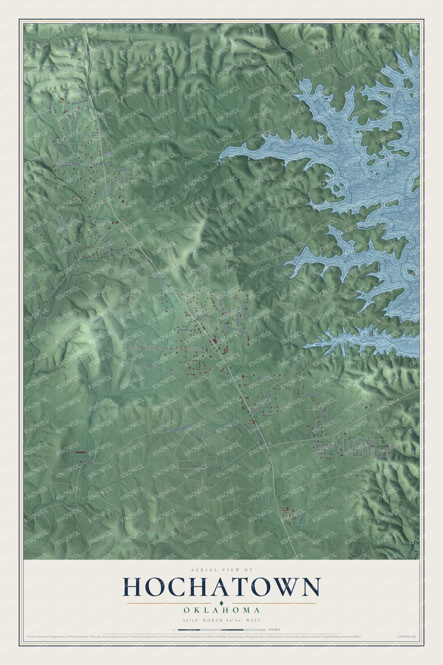 Full map of Hochatown, Oklahoma, with red buildings, printed street names and the land around them