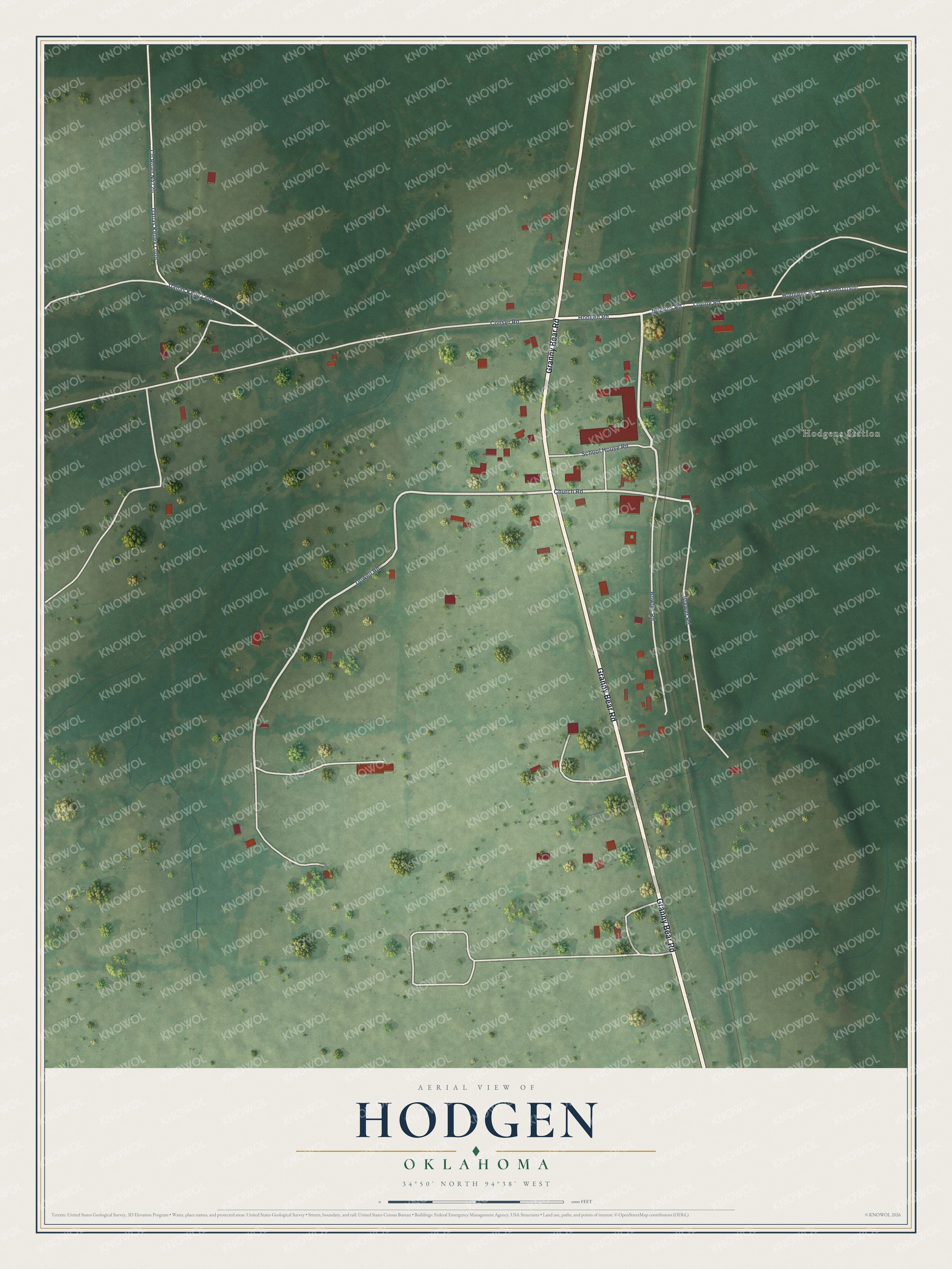 Full map of Hodgen, Oklahoma, with red buildings, printed street names and the land around them