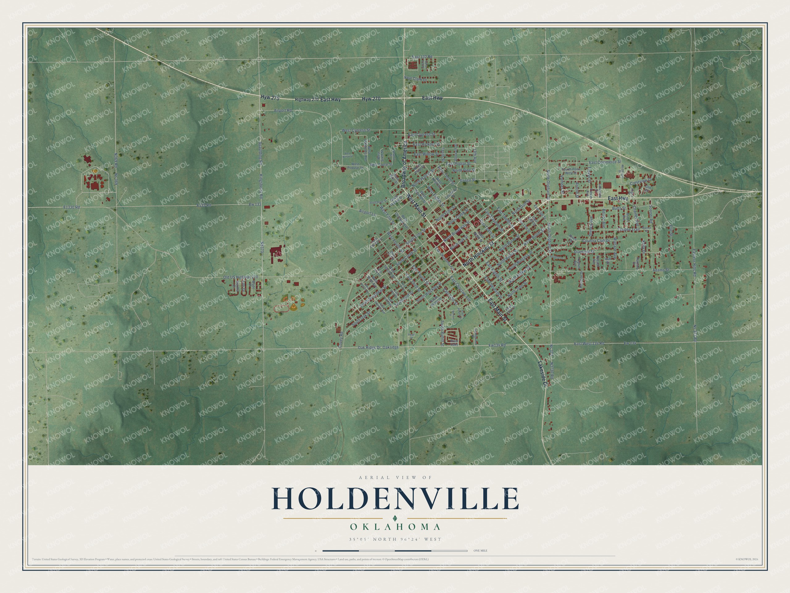 Full map of Holdenville, Oklahoma, with red buildings, printed street names and the land around them