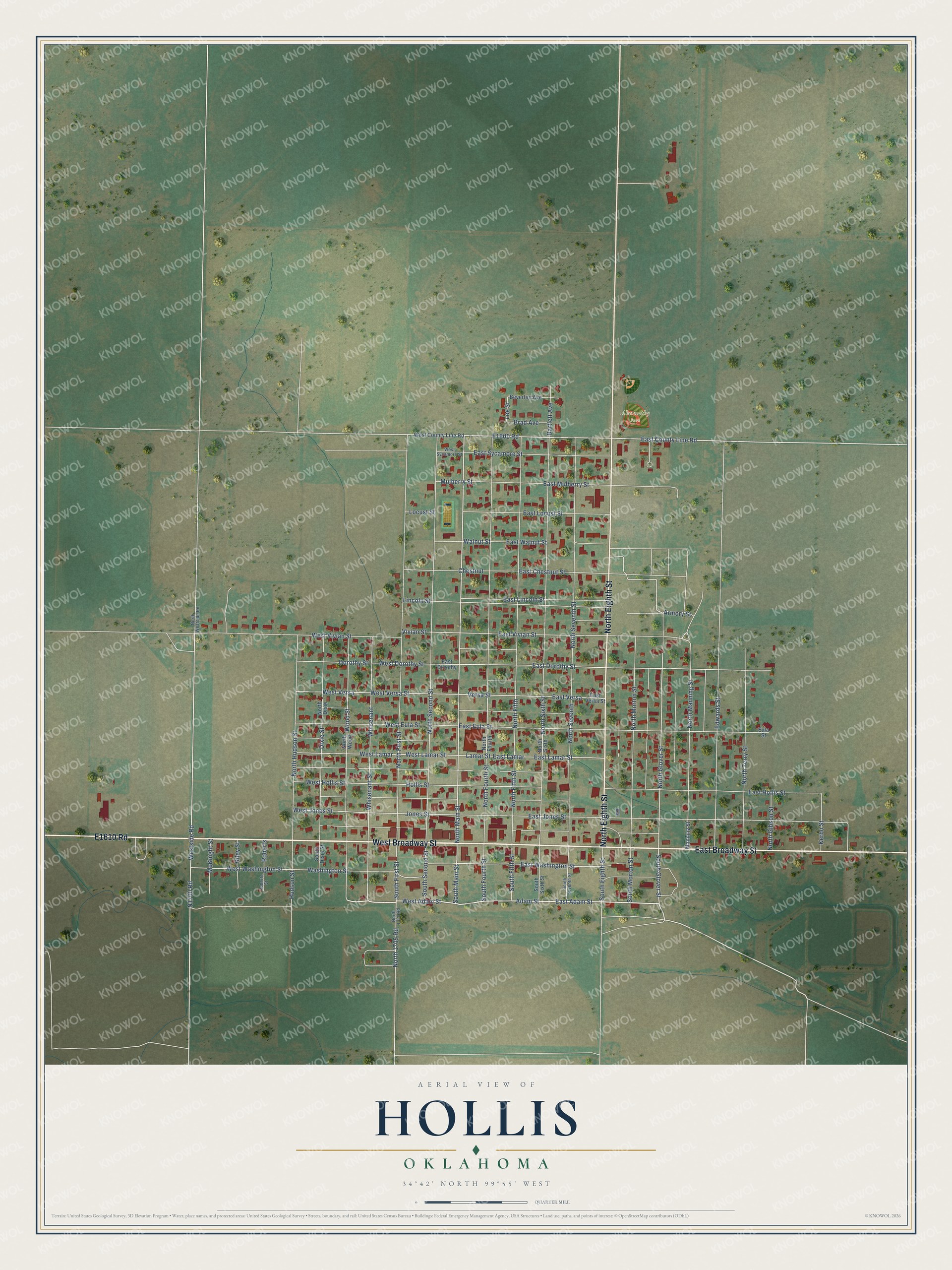 Watermarked full-map preview of Hollis, Oklahoma