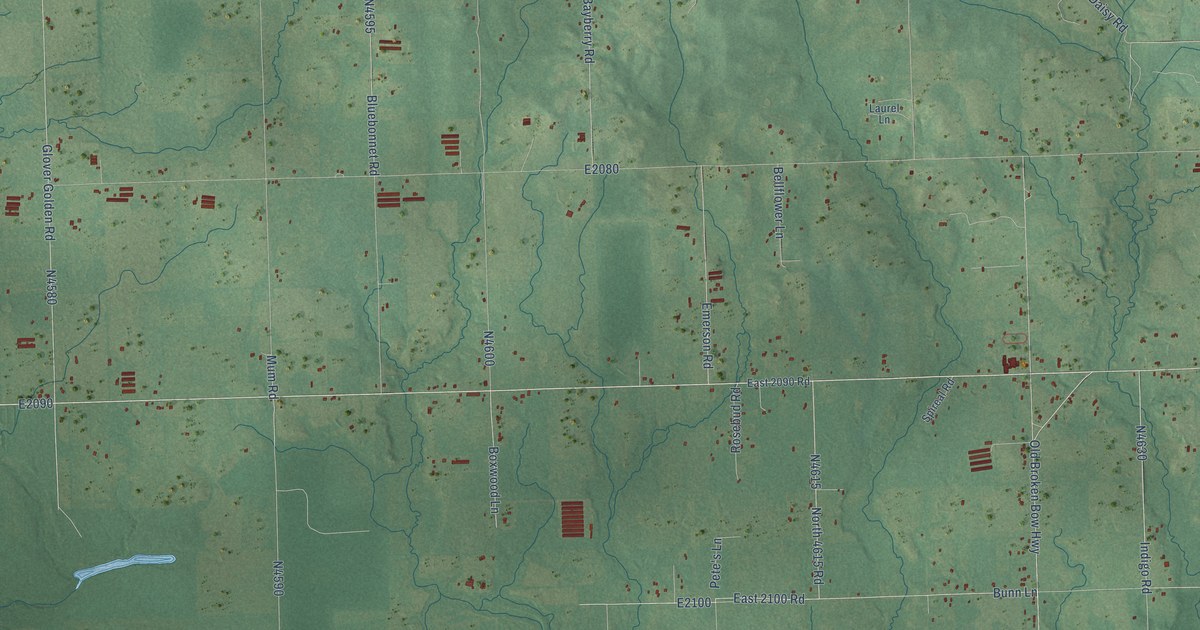 Close-up of streets and buildings in Holly Creek, Oklahoma