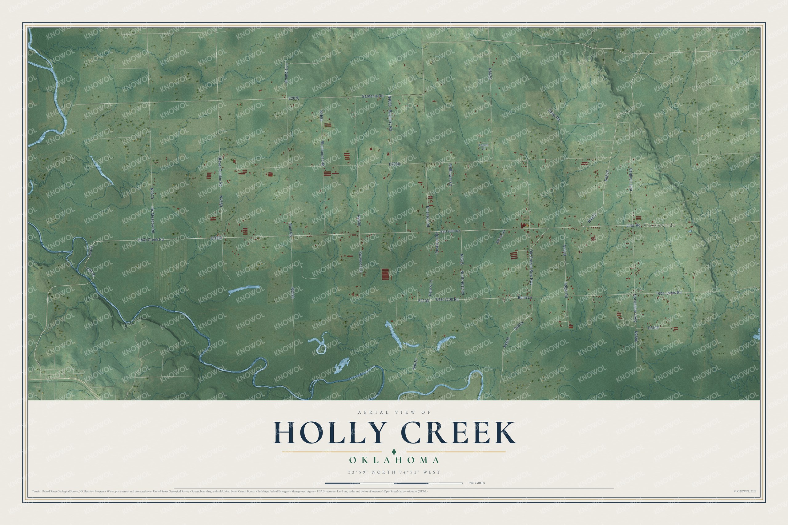 Full map of Holly Creek, Oklahoma, with red buildings, printed street names and the land around them