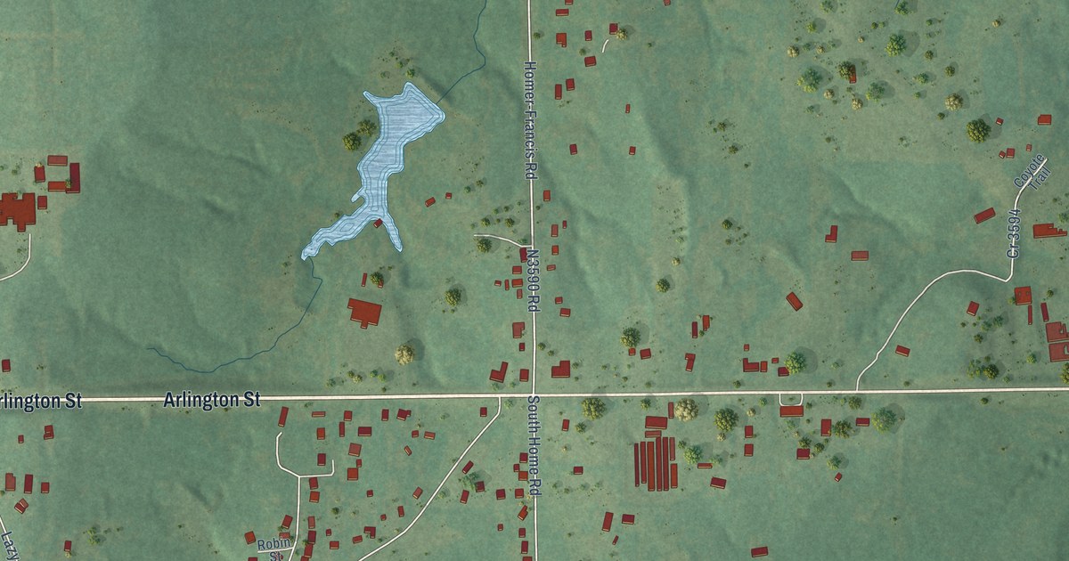Close-up of streets and buildings in Homer, Oklahoma