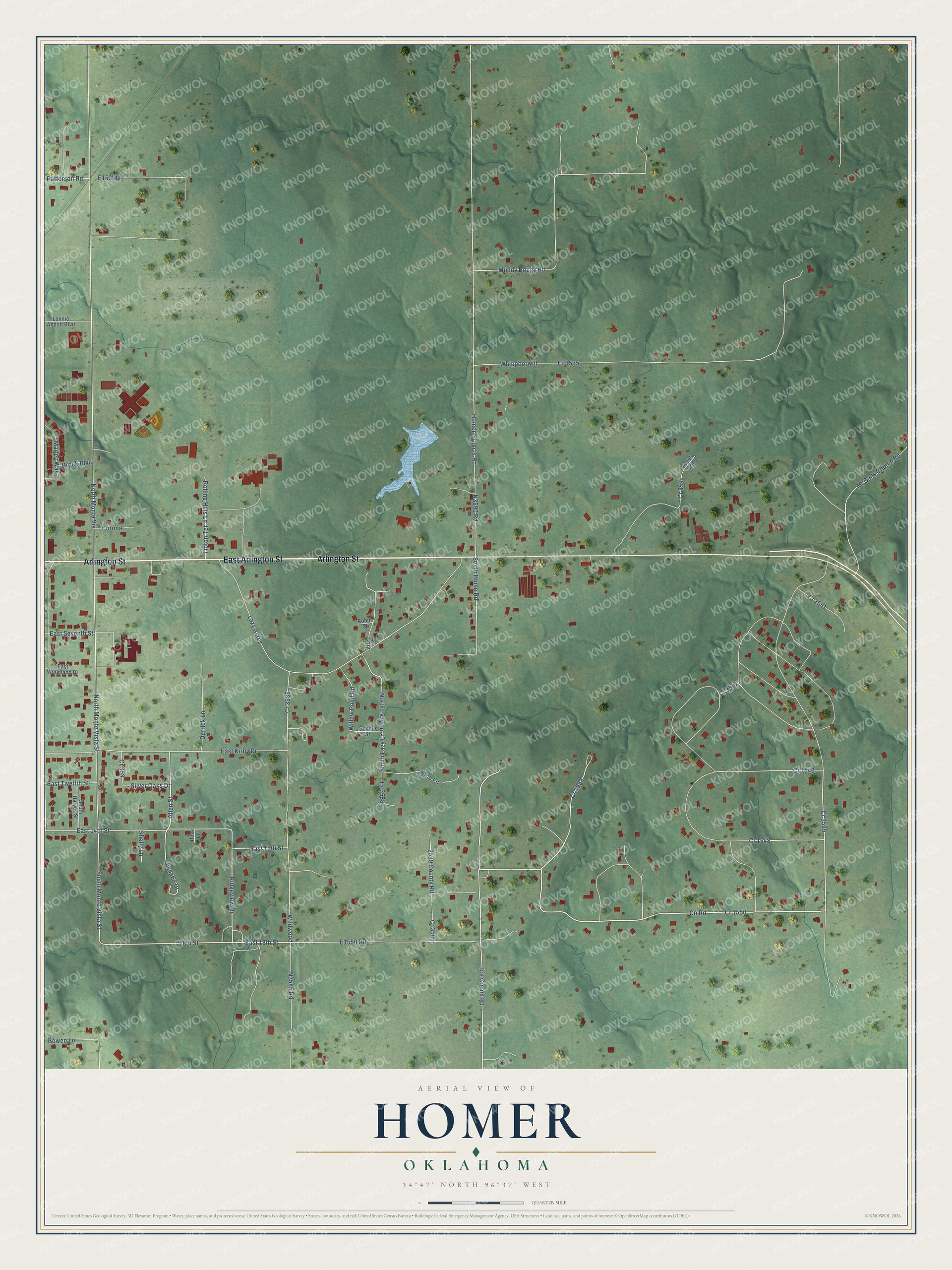 Full map of Homer, Oklahoma, with red buildings, printed street names and the land around them