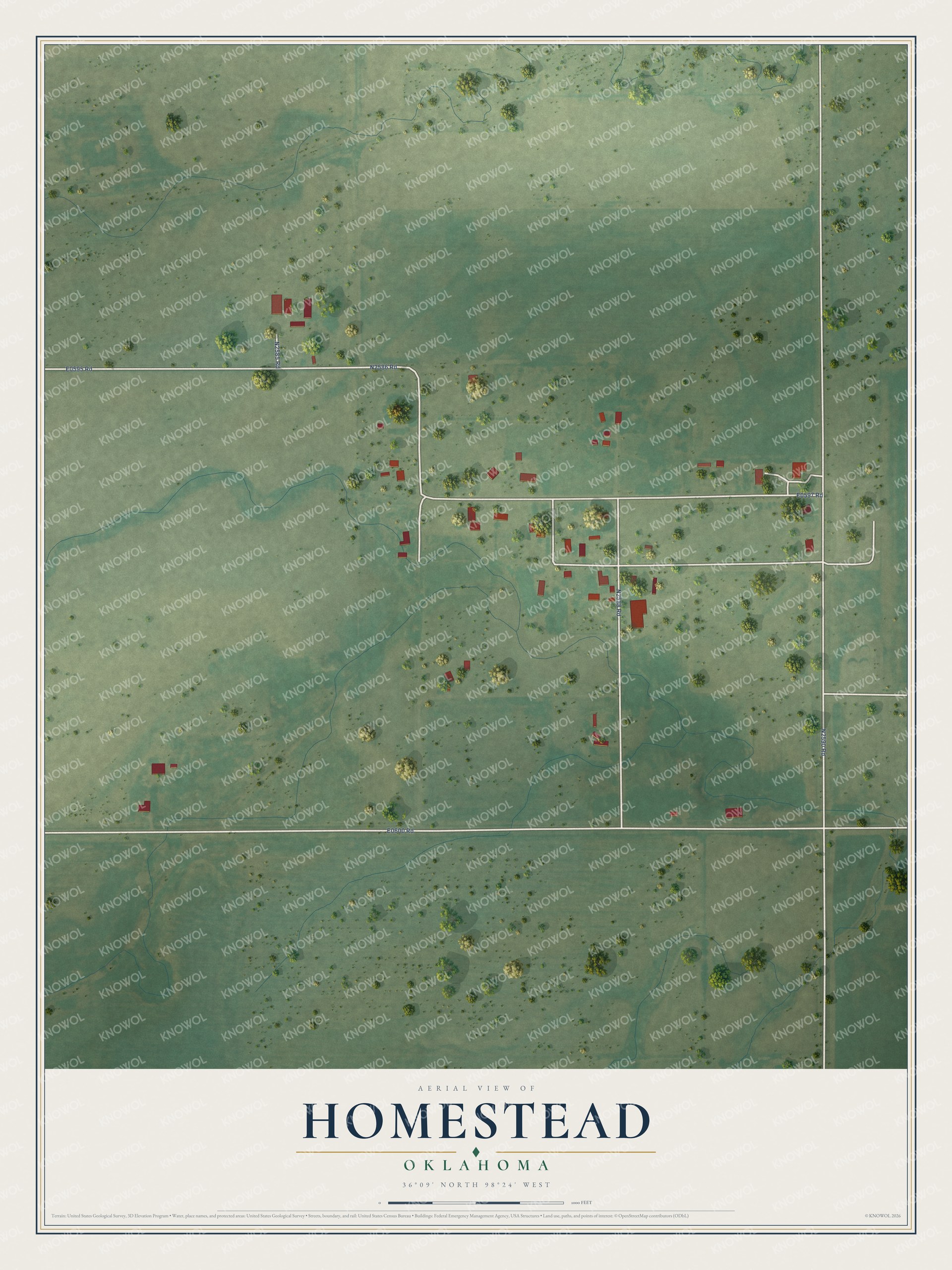 Full map of Homestead, Oklahoma, with red buildings, printed street names and the land around them