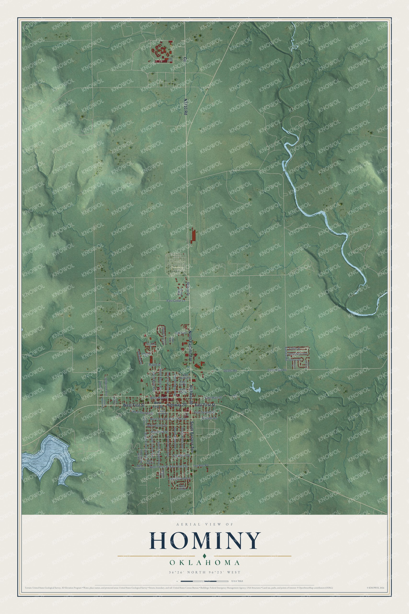 Full map of Hominy, Oklahoma, with red buildings, printed street names and the land around them