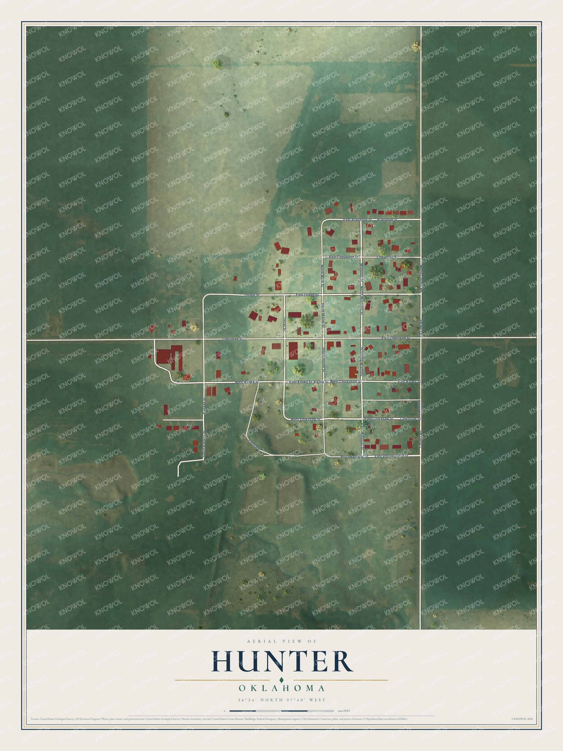 Full map of Hunter, Oklahoma, with red buildings, printed street names and the land around them