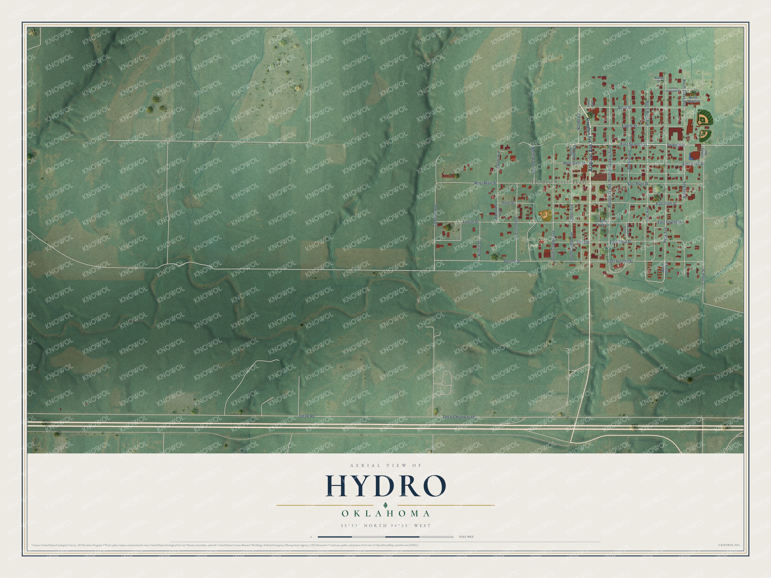 Watermarked full-map preview of Hydro, Oklahoma