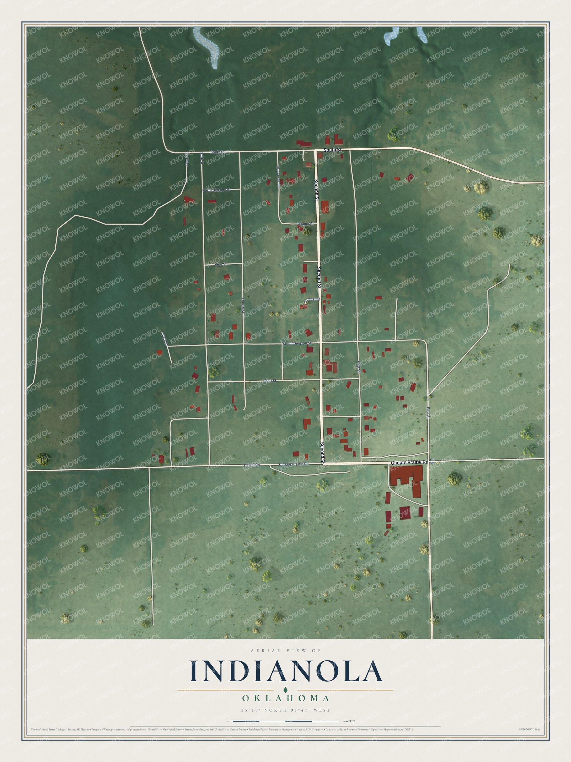 Full map of Indianola, Oklahoma, with red buildings, printed street names and the land around them