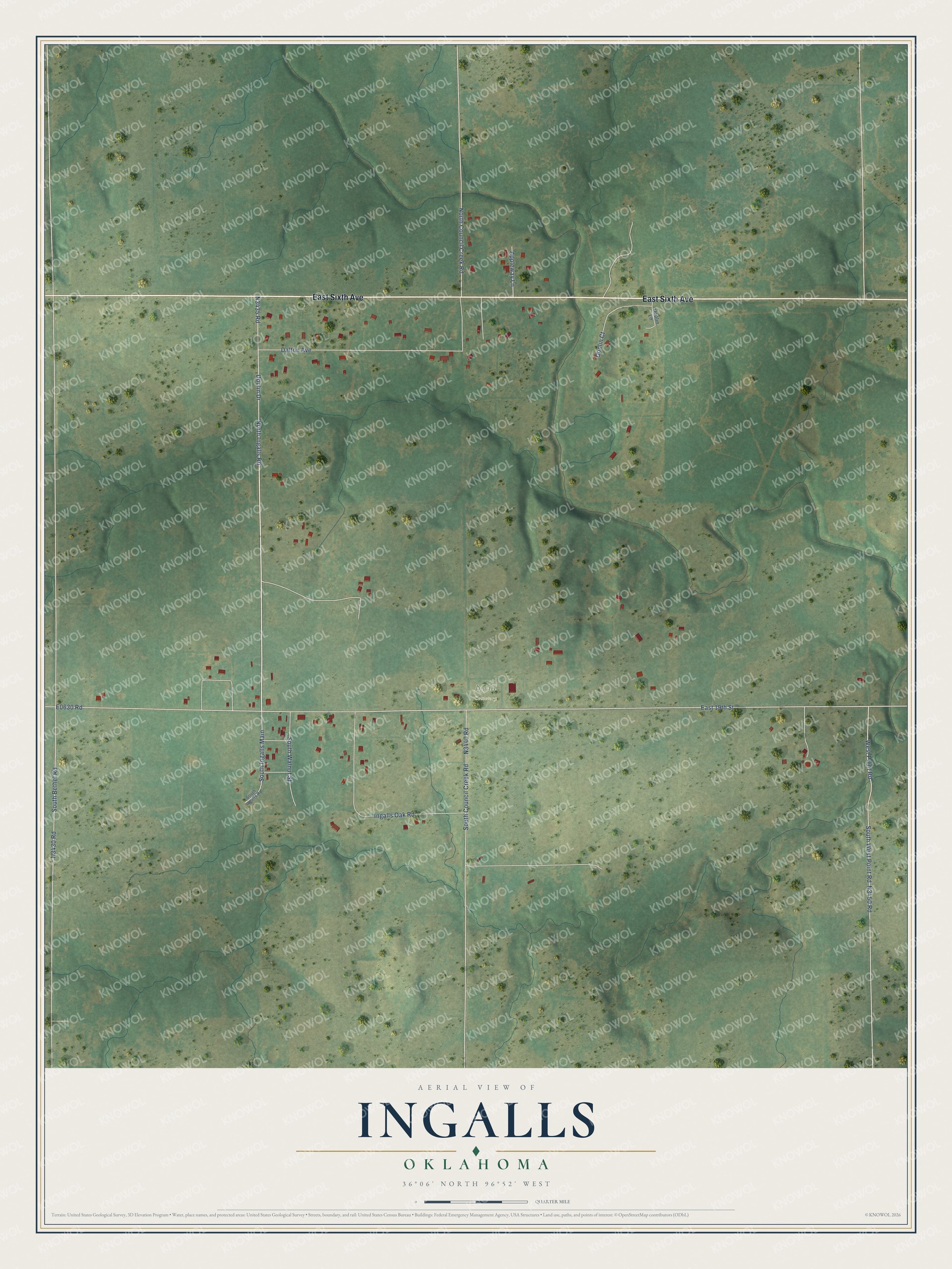 Full map of Ingalls, Oklahoma, with red buildings, printed street names and the land around them