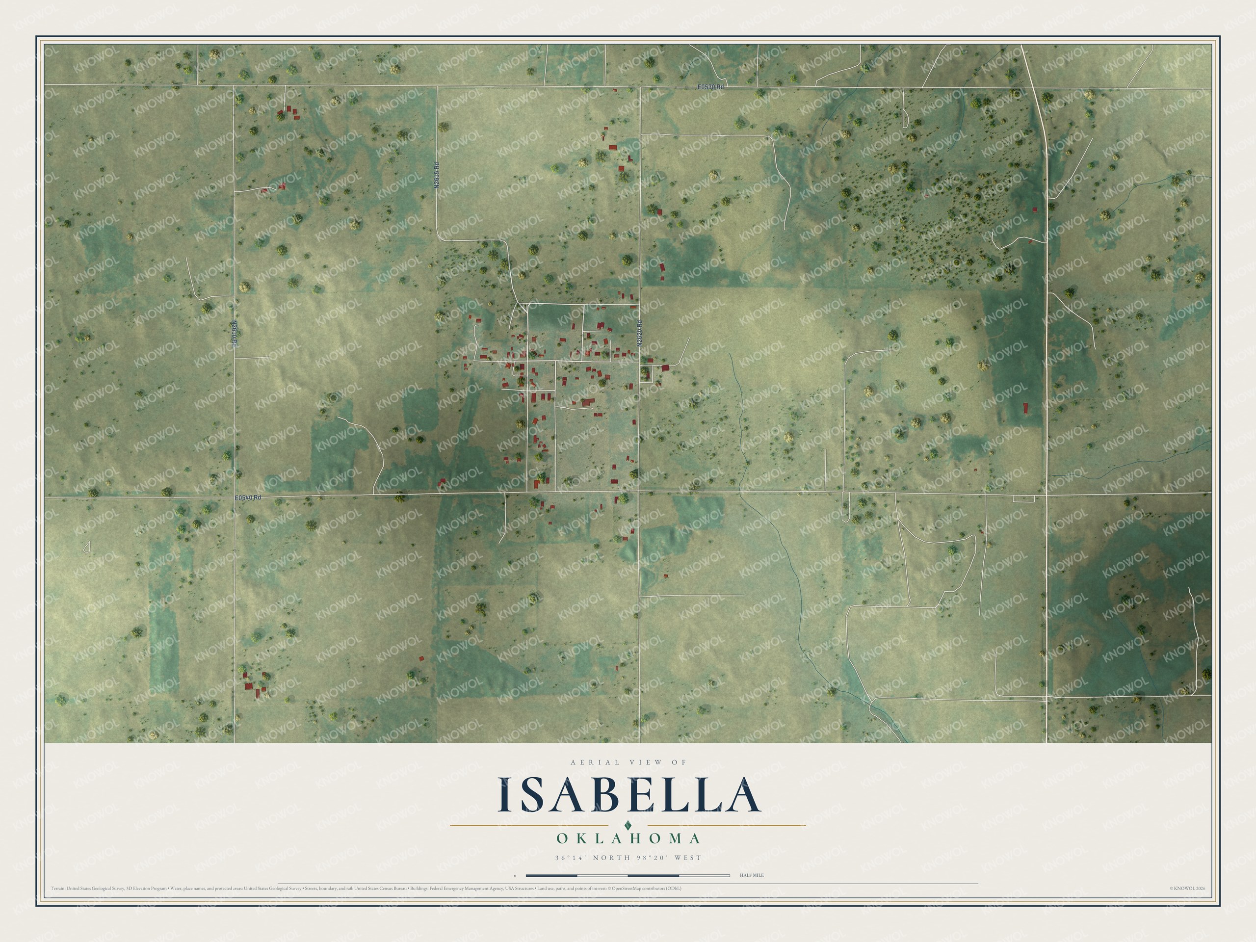 Full map of Isabella, Oklahoma, with red buildings, printed street names and the land around them