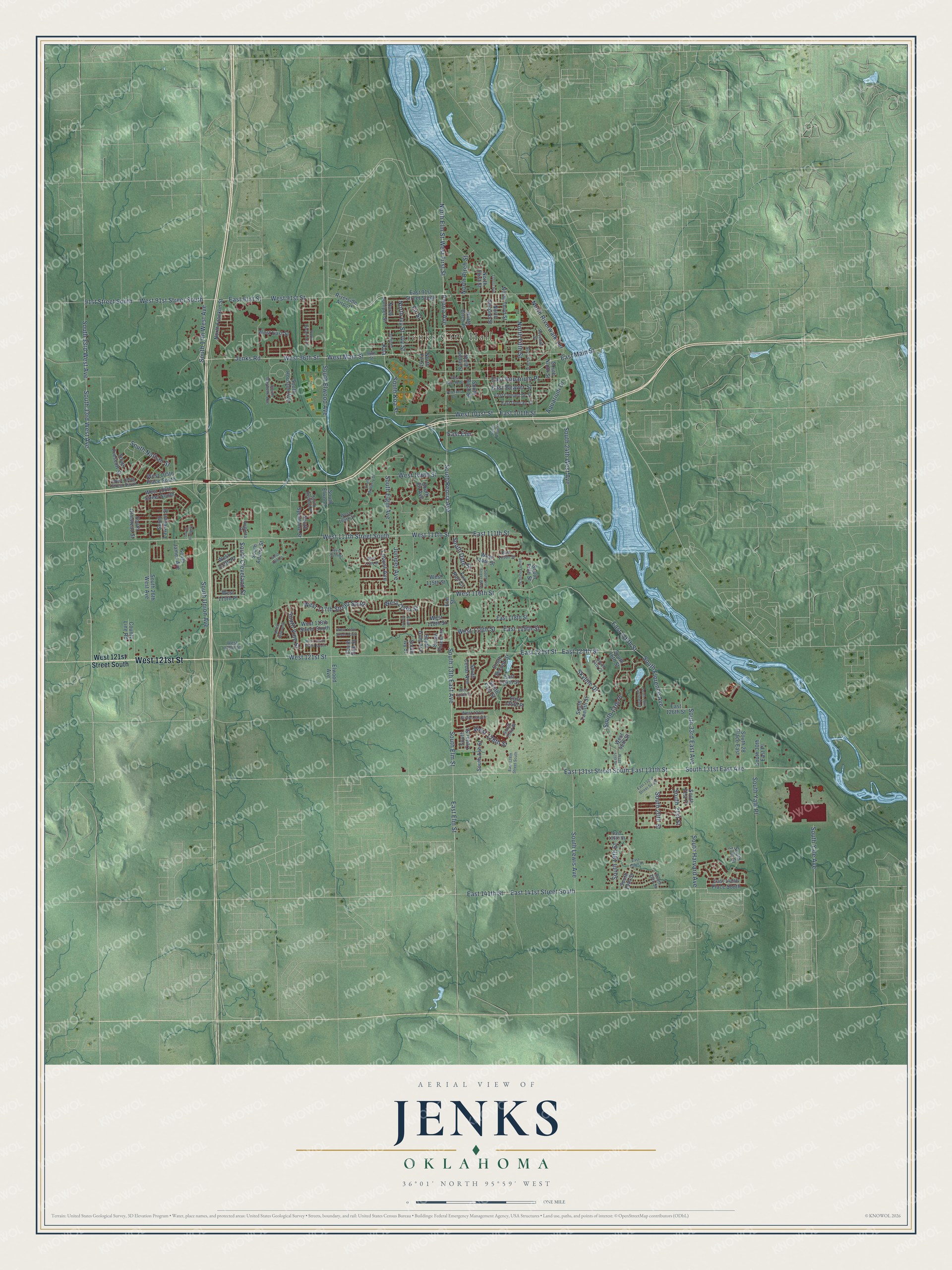 Full map of Jenks, Oklahoma, with red buildings, printed street names and the land around them