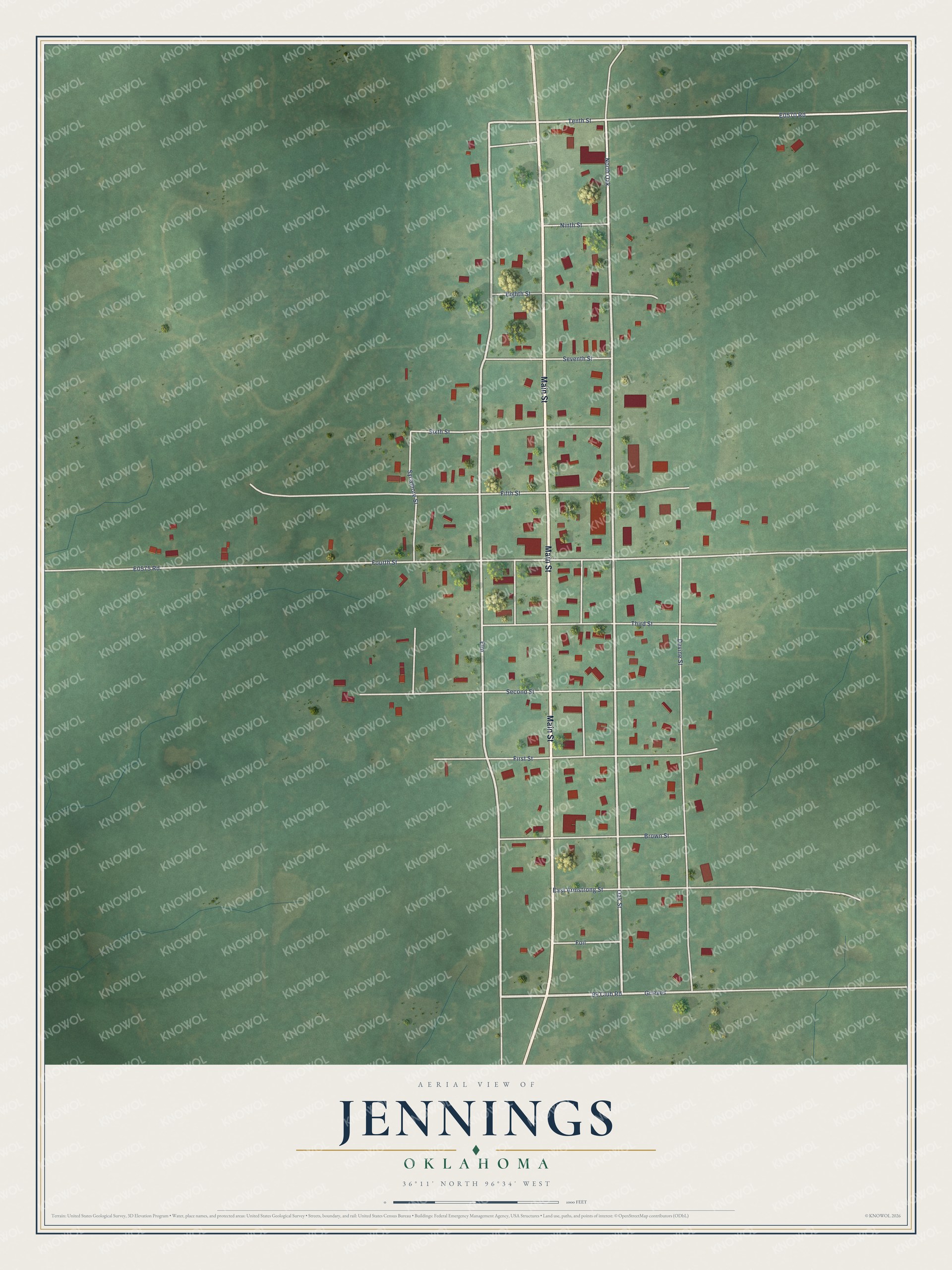 Full map of Jennings, Oklahoma, with red buildings, printed street names and the land around them