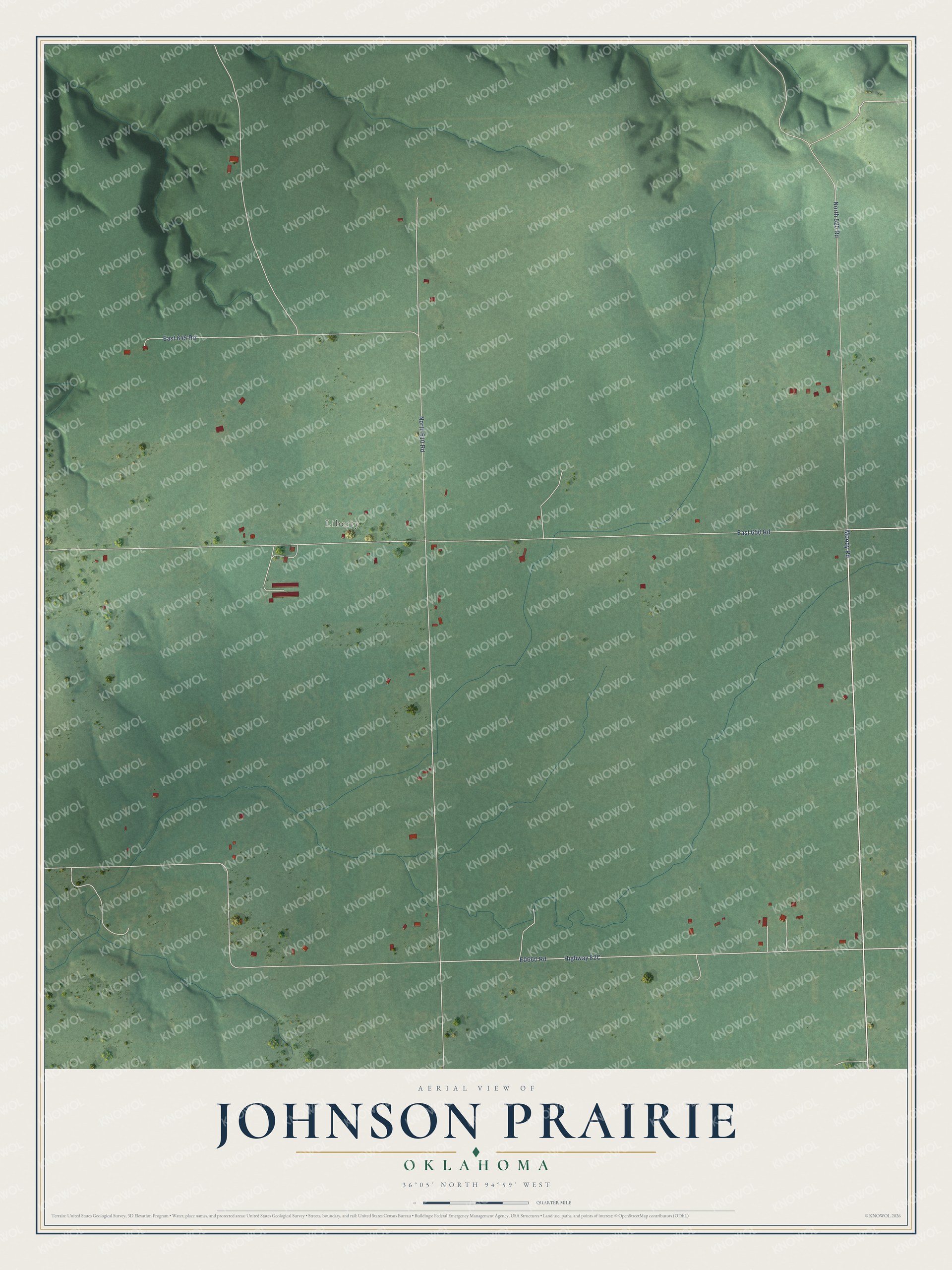 Full map of Johnson Prairie, Oklahoma, with red buildings, printed street names and the land around them
