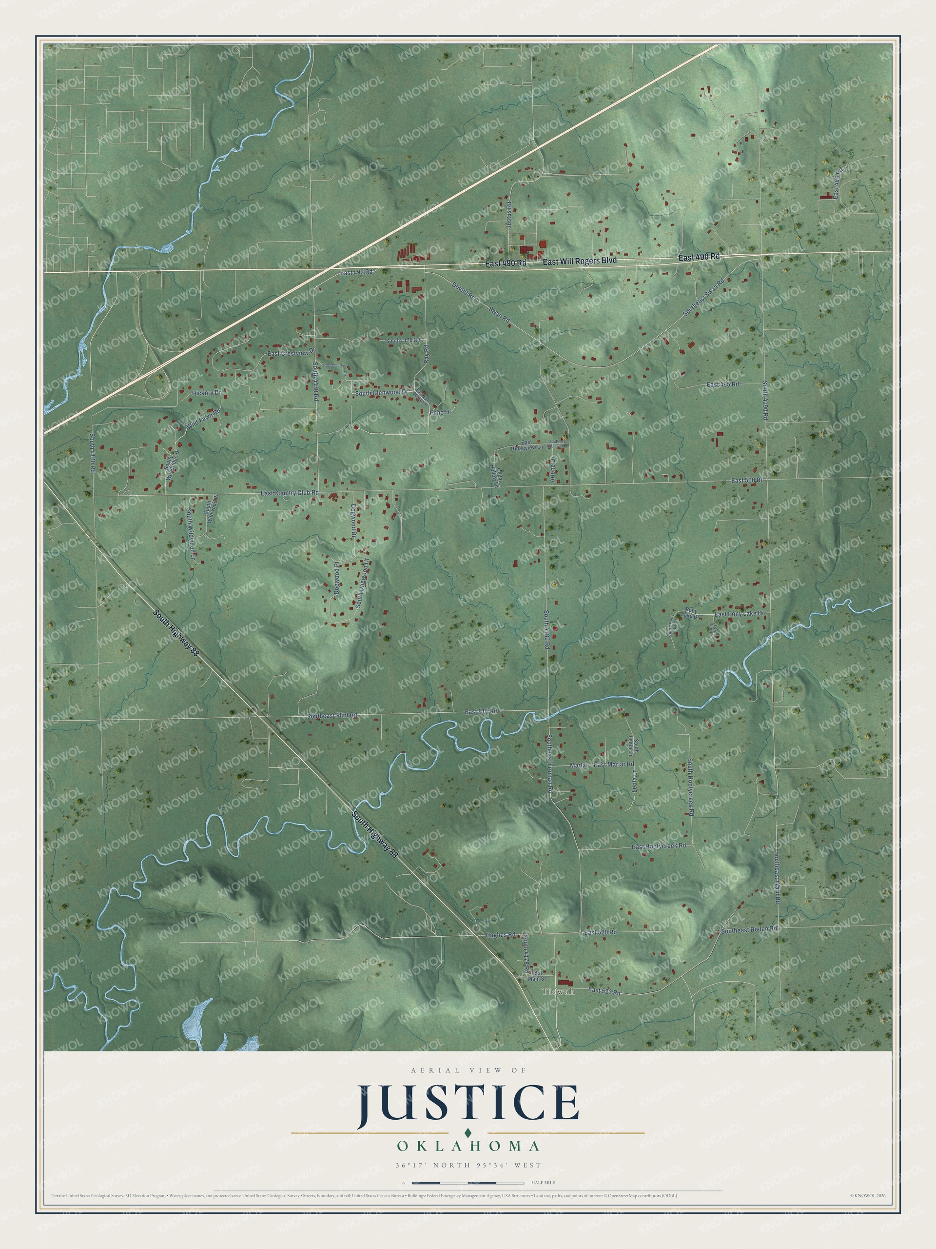 Full map of Justice, Oklahoma, with red buildings, printed street names and the land around them