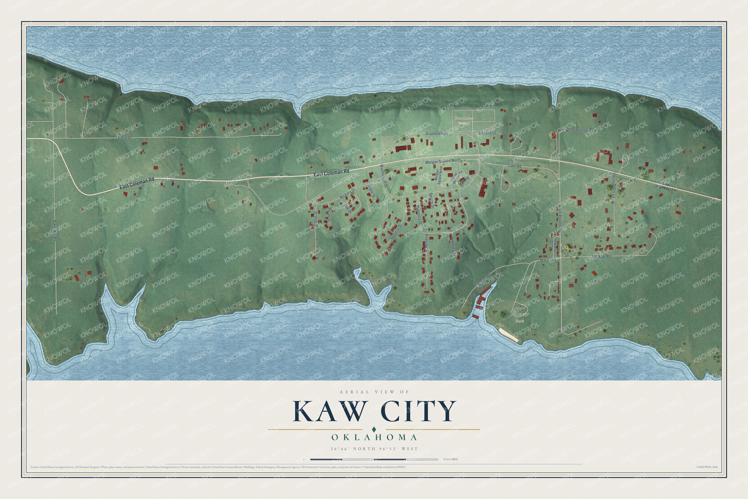 Full map of Kaw City, Oklahoma, with red buildings, printed street names and the land around them