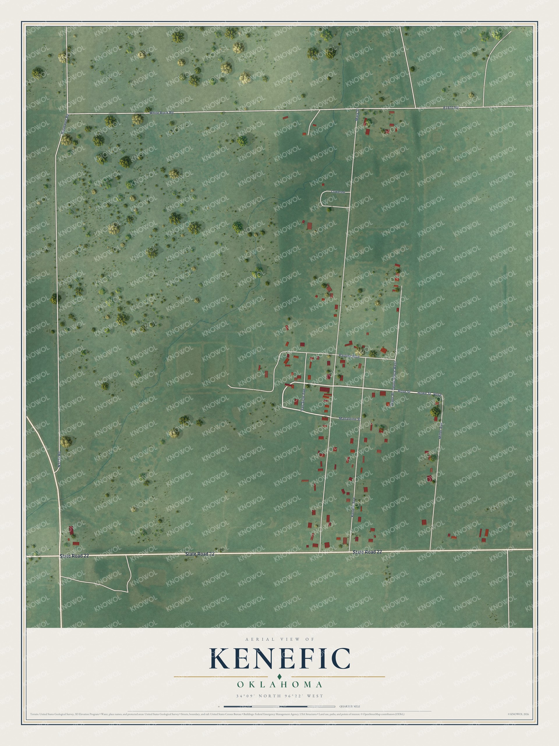 Full map of Kenefic, Oklahoma, with red buildings, printed street names and the land around them