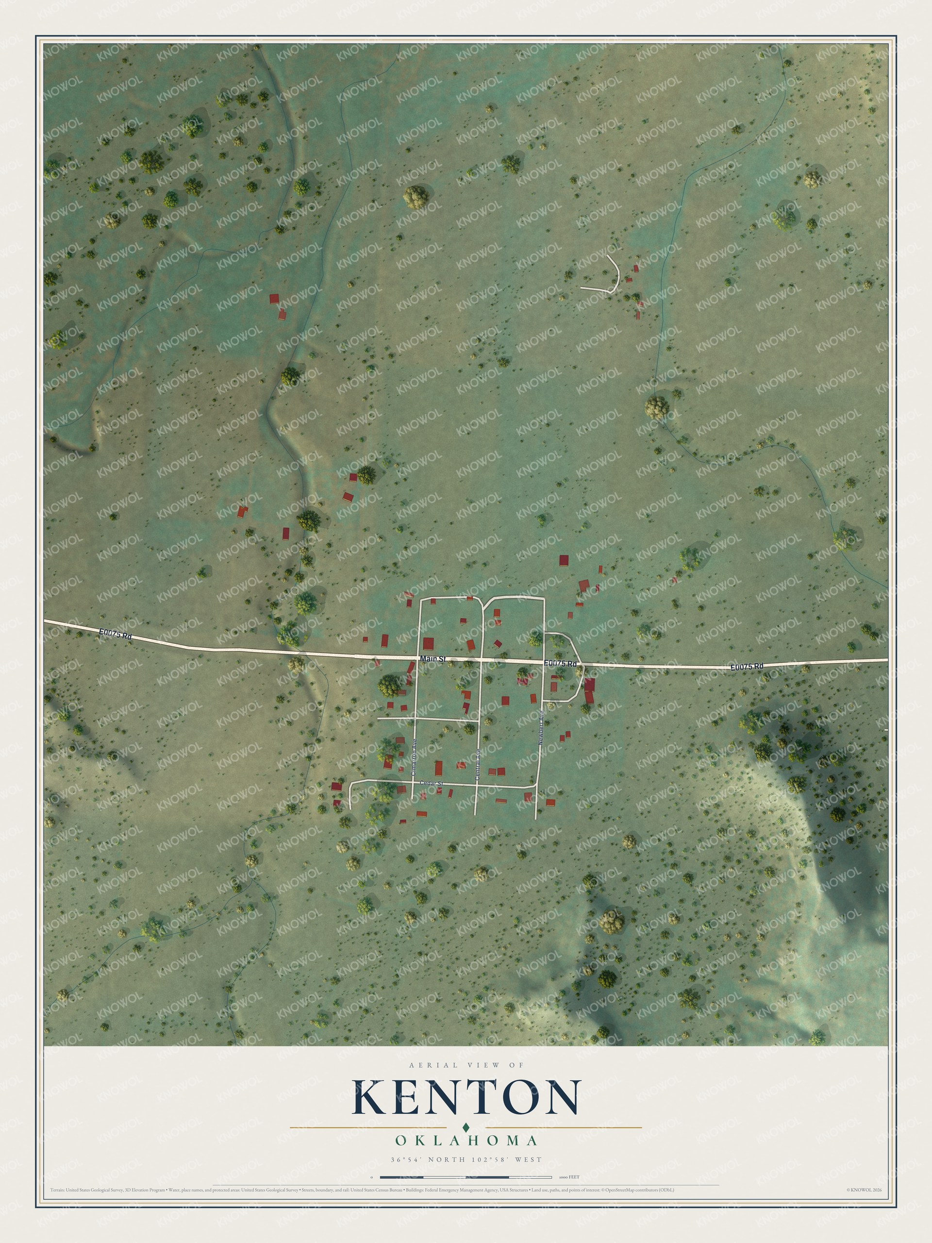 Full map of Kenton, Oklahoma, with red buildings, printed street names and the land around them