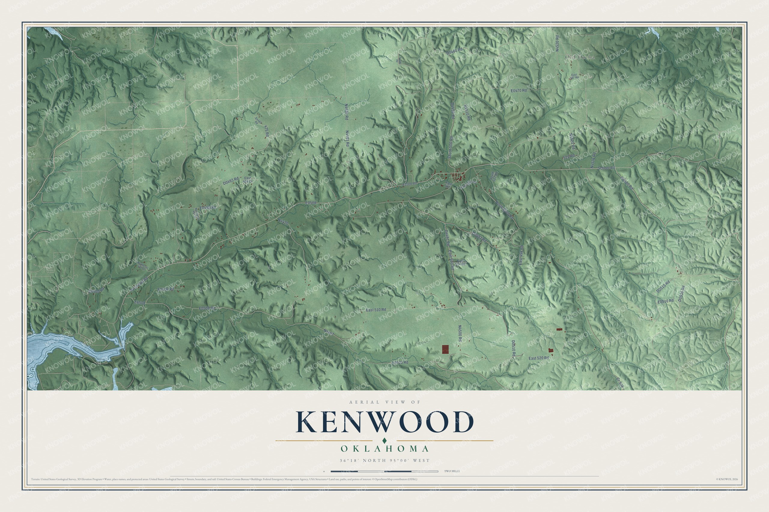Full map of Kenwood, Oklahoma, with red buildings, printed street names and the land around them