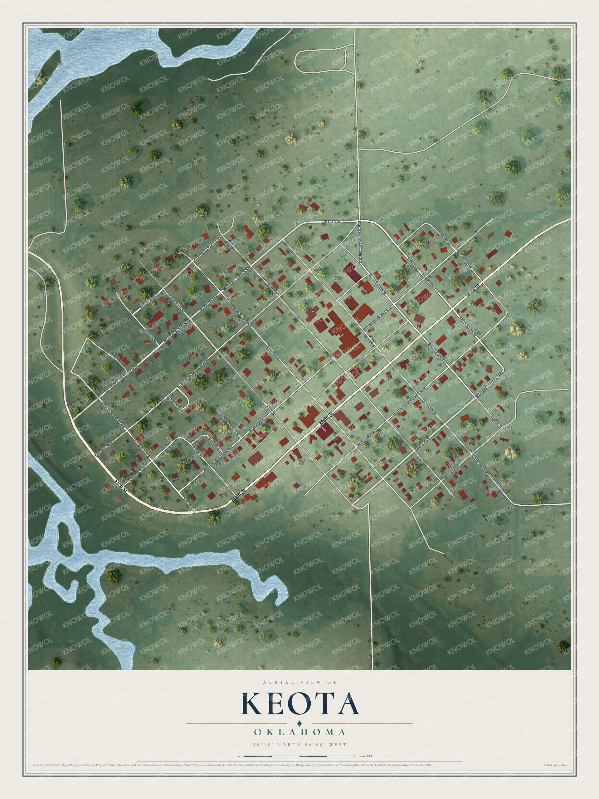 Full map of Keota, Oklahoma, with red buildings, printed street names and the land around them