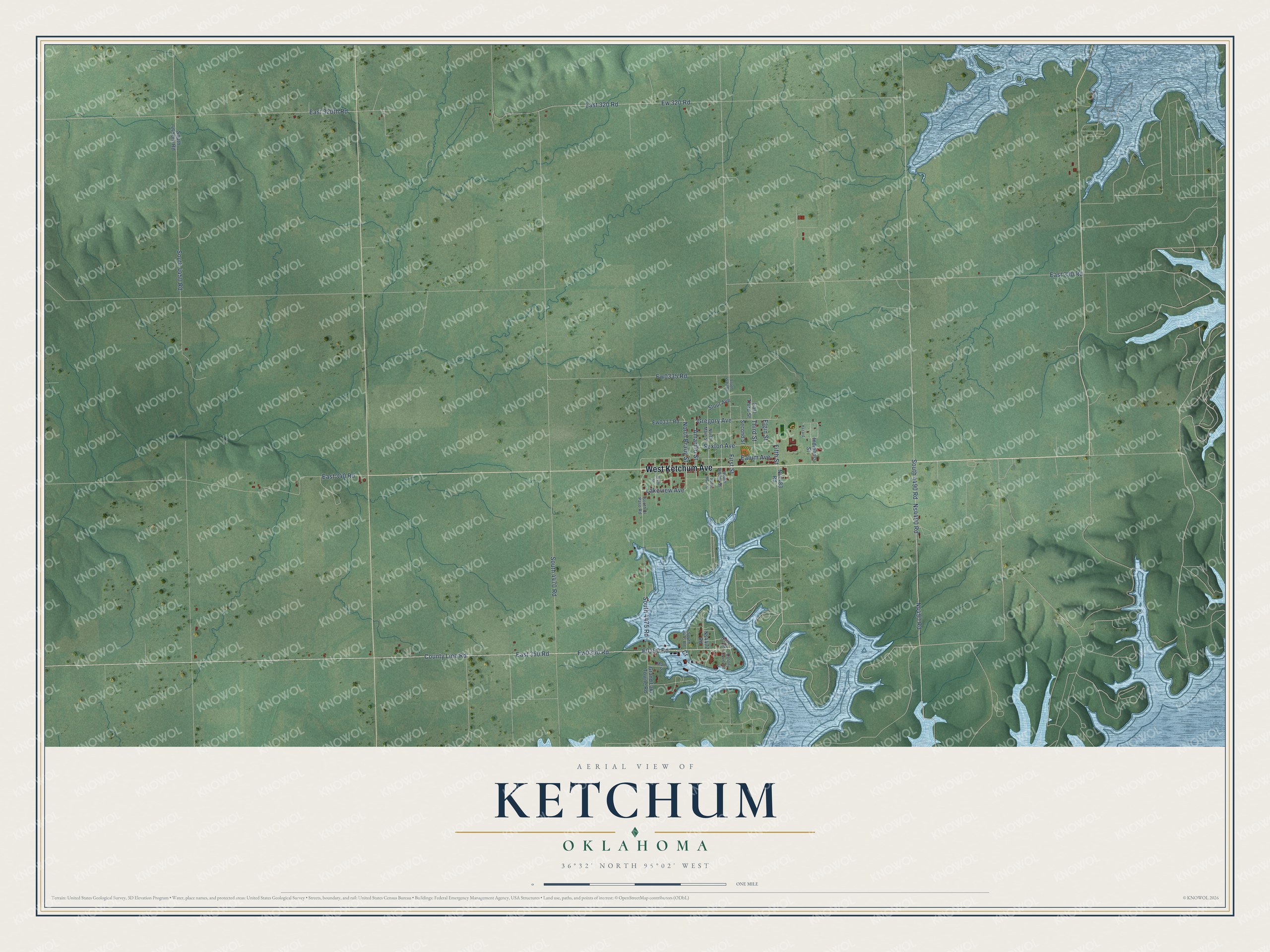 Full map of Ketchum, Oklahoma, with red buildings, printed street names and the land around them